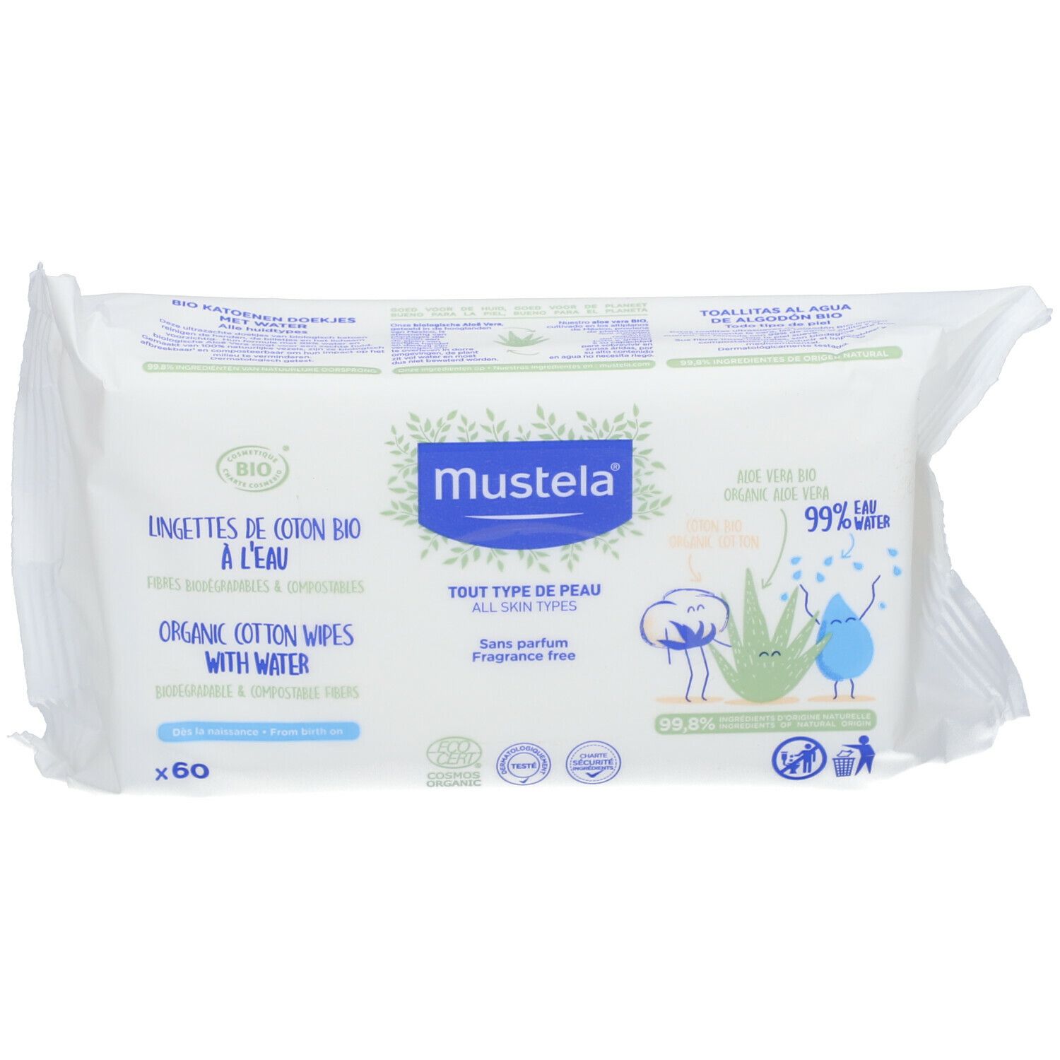 Paquet de lingettes Mustela. Emballage blanc avec texte bleu-vert. Contient 60 lingettes. Coton bio avec de l'eau.