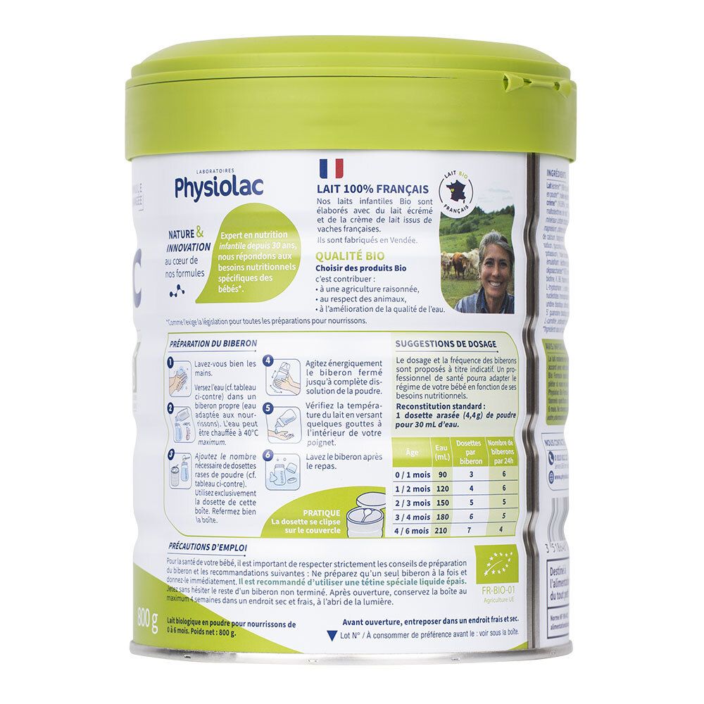 Dos de la boîte. Texte: Préparation, dosage, précautions. Label bio. 800g. Lait infantile.