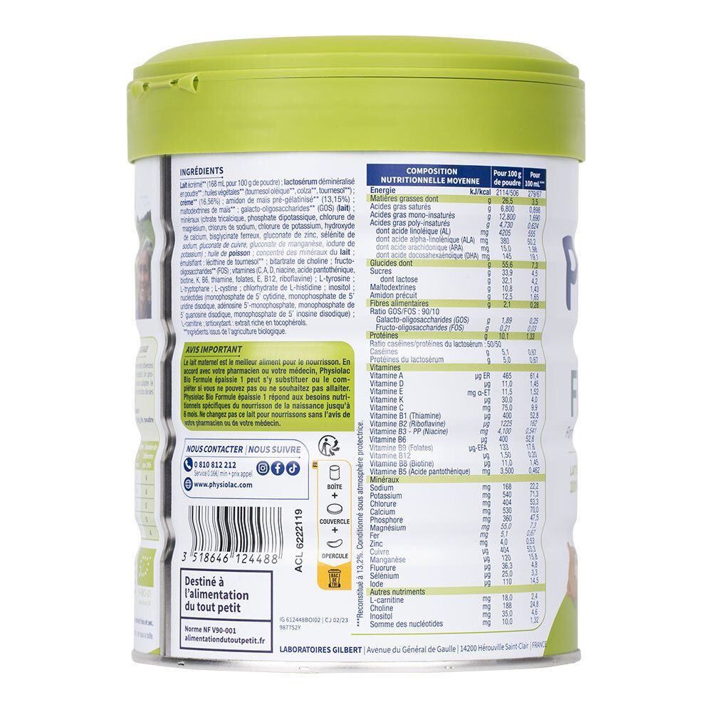 Dos de la boîte. Liste des ingrédients, informations nutritionnelles. Texte: Destiné aux bébés.
