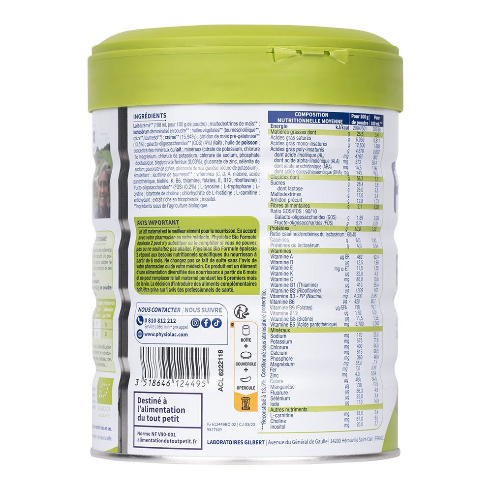 Dos de la boîte Physiolac Bio 2. Liste des ingrédients et informations nutritionnelles. Label bio, coordonnées.