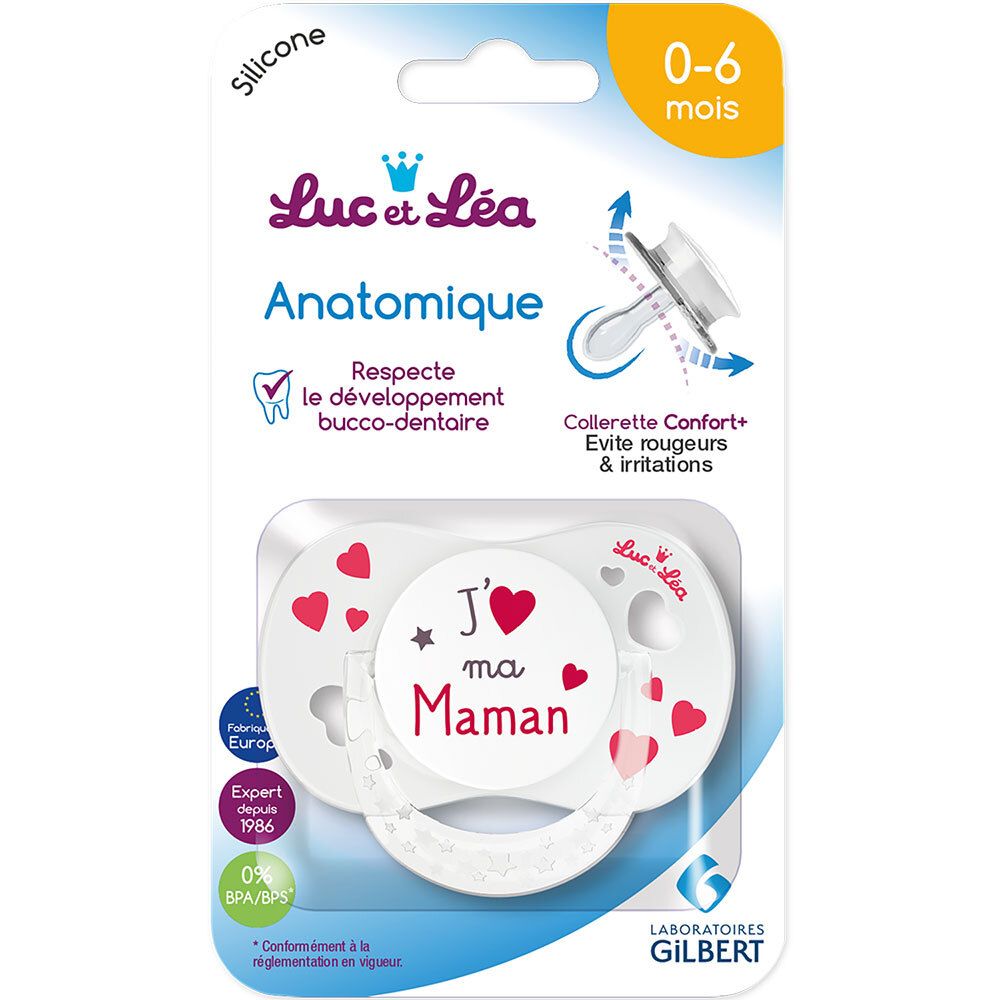 Luc et Léa 2 Sucettes anatomiques J'aime ma maman 0-6 mois avec anneau (Couleur non sélectionnable)