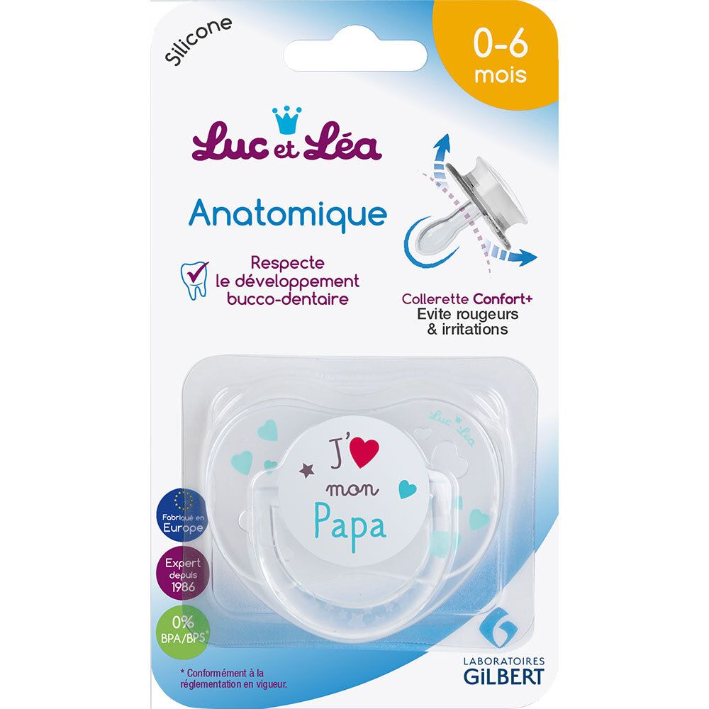 Sucette anatomique emballée. Marque Luc et Léa. Texte: J'❤ mon Papa. 0-6 mois. Emballage transparent.