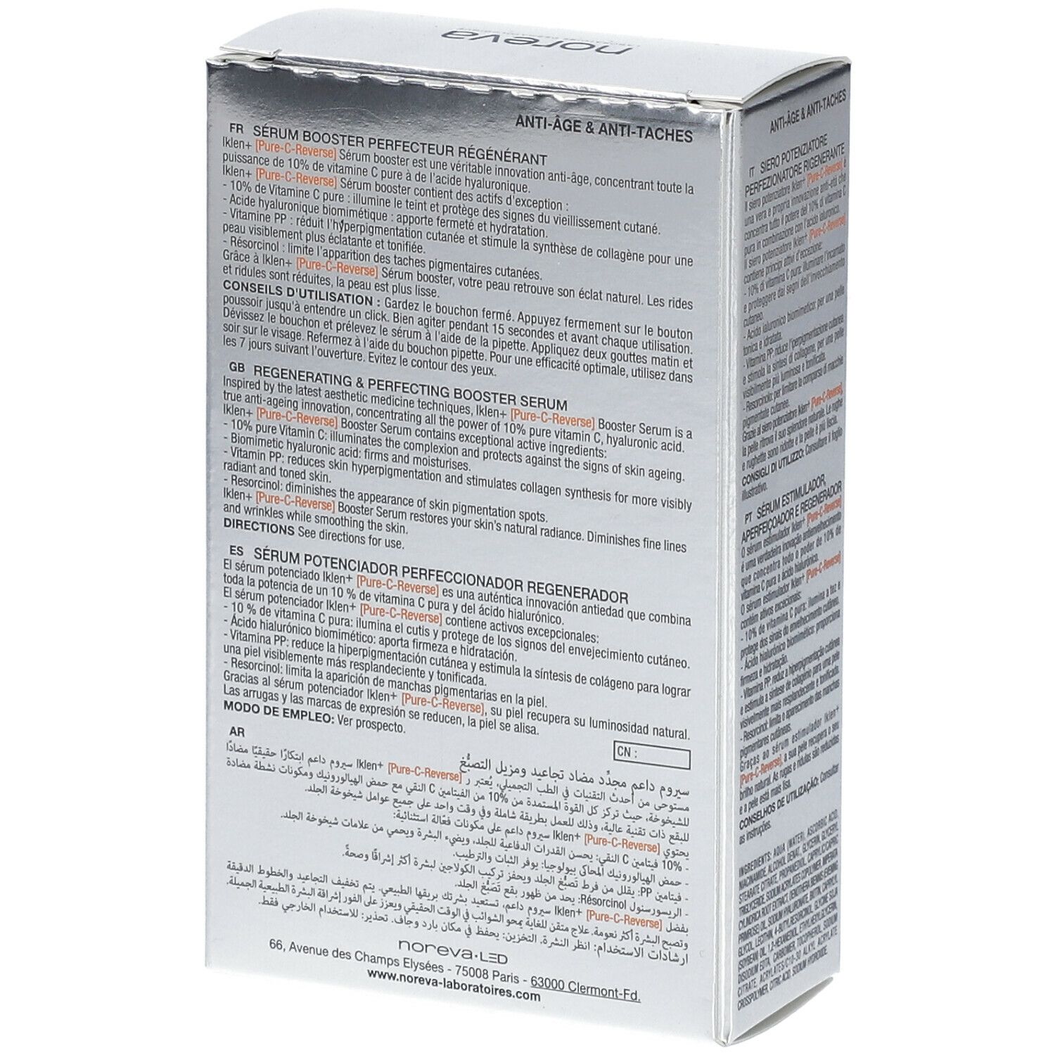 Dos de l'emballage du produit avec texte en plusieurs langues. Marque : noreva.