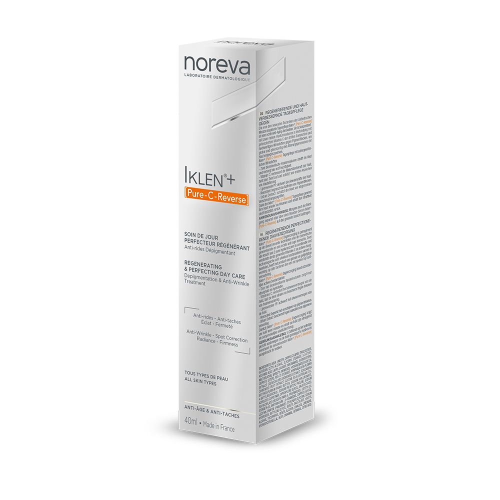 Boîte blanche avec informations produit. Inscription : noreva, Iklen+ [Pure-C-Reverse], Soin de jour régénérant.