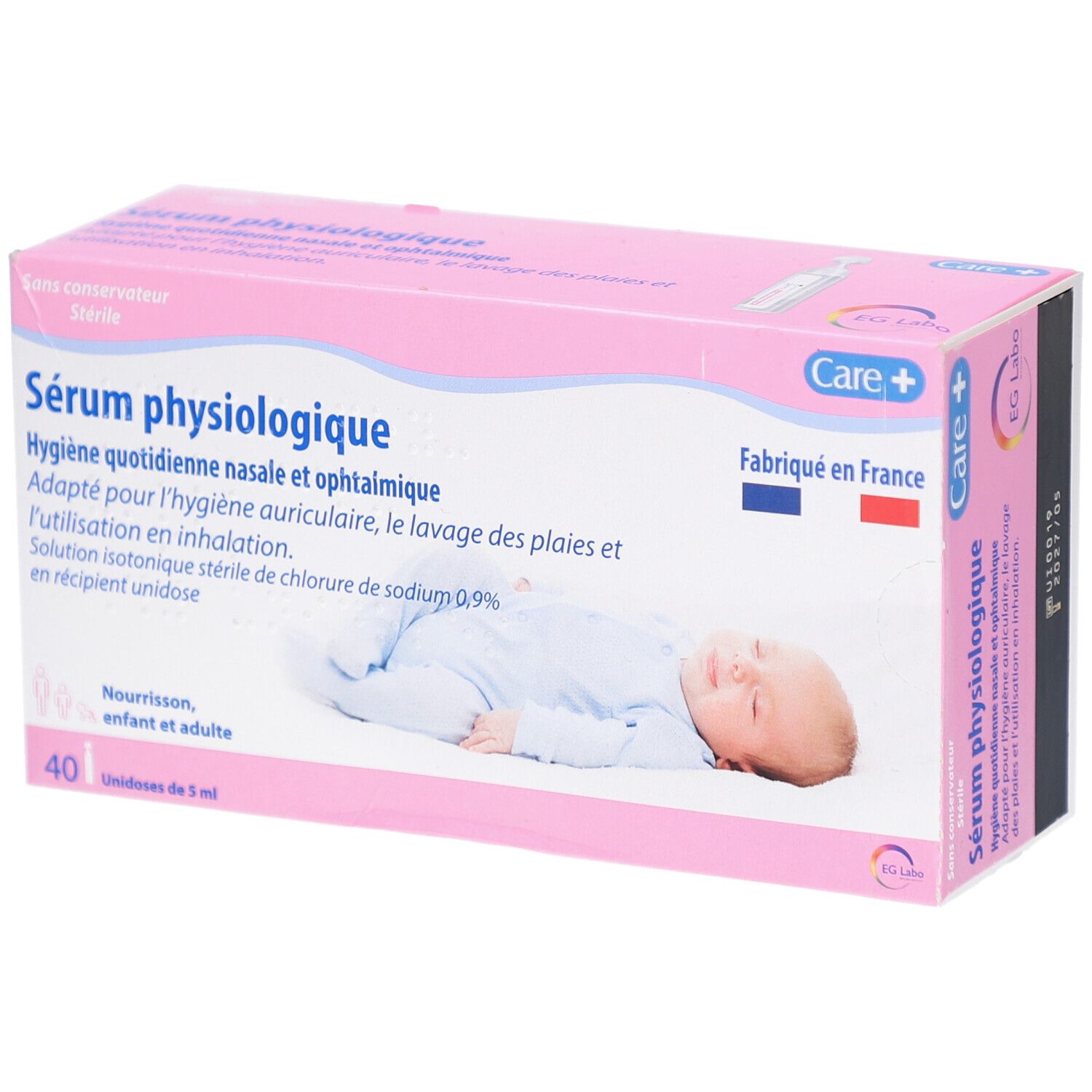 Boîte rose. Sérum physiologique. 40 unidoses. Image bébé. Logo Care+. Fabriqué en France.