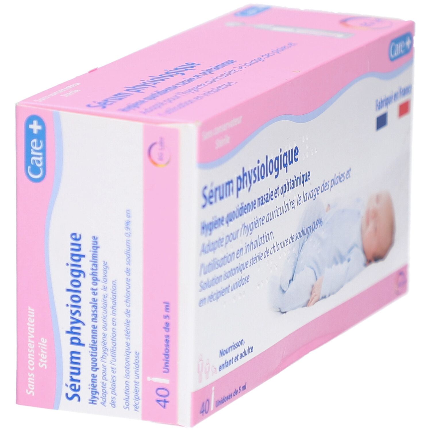 Boîte rose. Sérum physiologique. 40 unidoses. Logo Care+. Vue oblique.