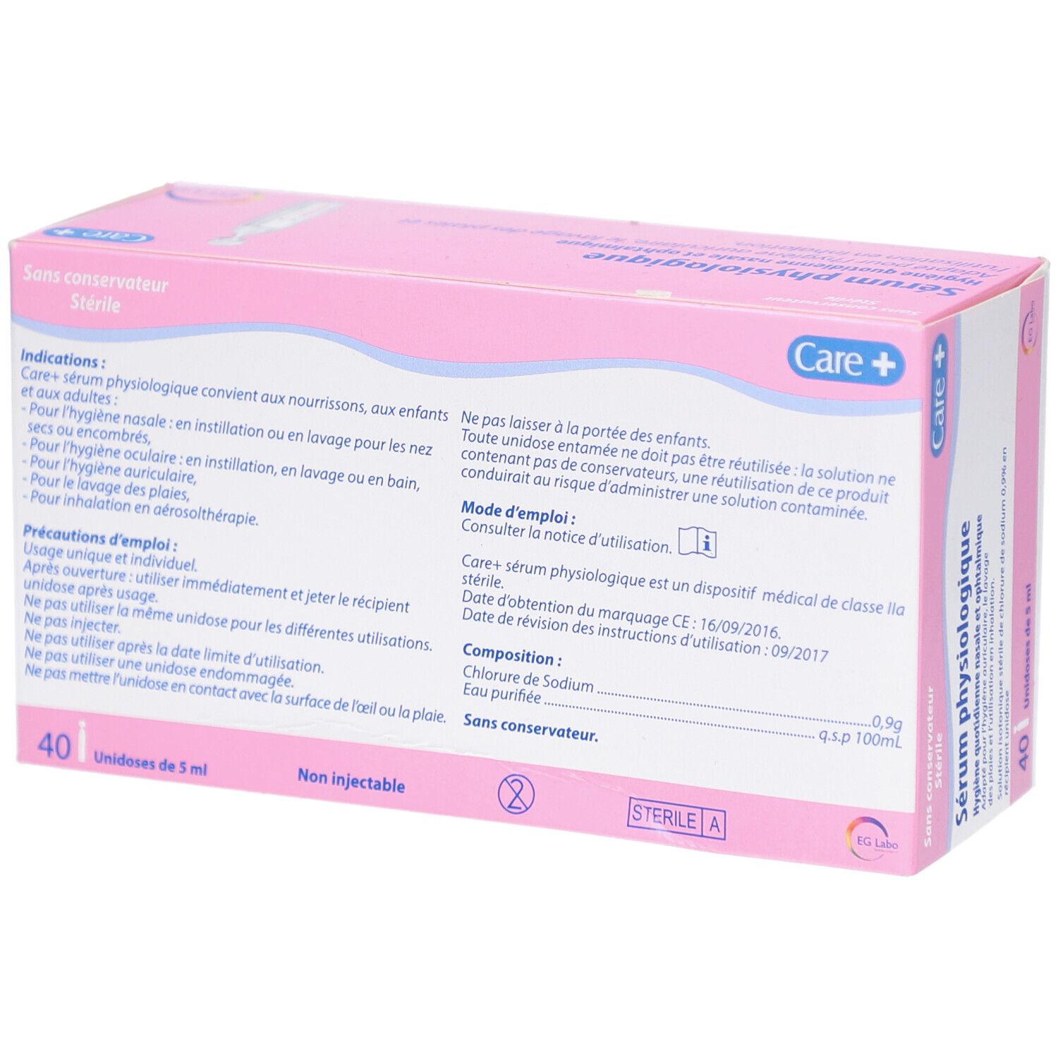 Boîte rose. Sérum physiologique. 40 unidoses. Logo Care+. Texte au dos.