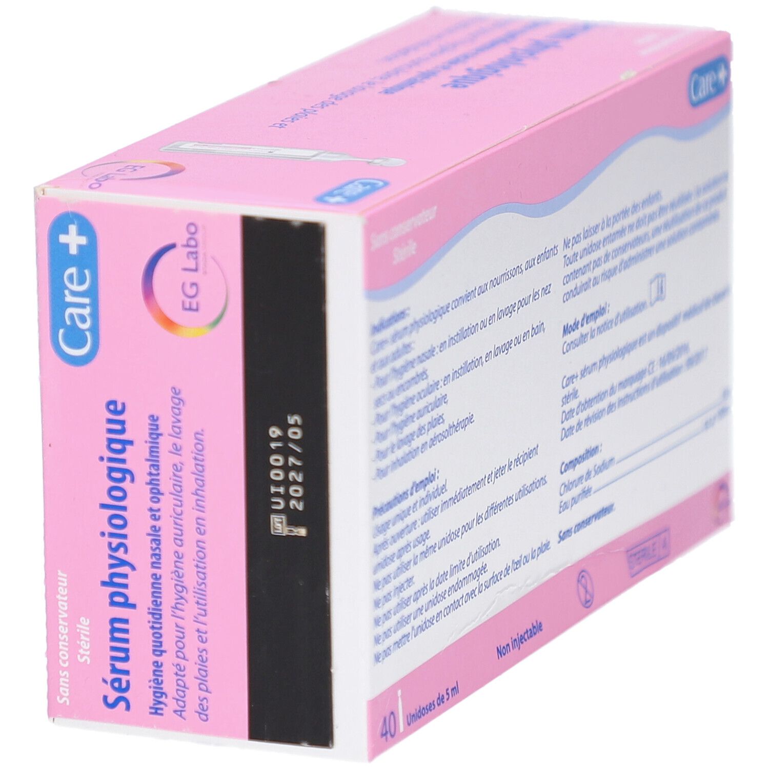 Boîte rose. Sérum physiologique. 40 unidoses. Logo Care+. Code et date de péremption.
