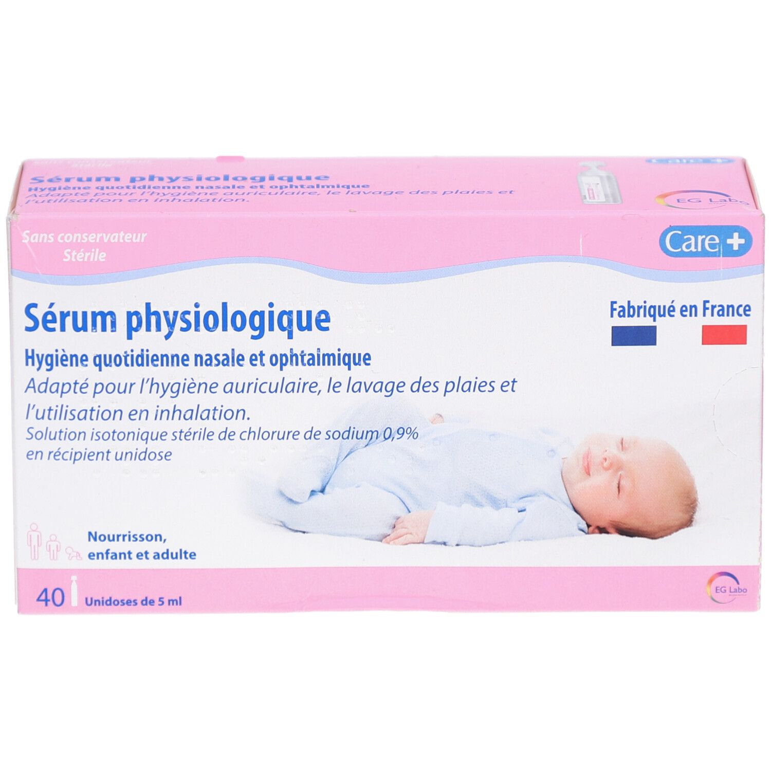 Boîte rose. Sérum physiologique. 40 unidoses. Image bébé. Logo Care+. Fabriqué en France.