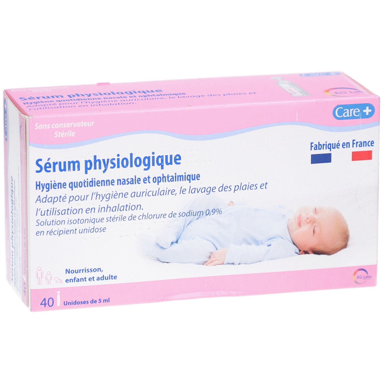 Boîte rose. Sérum physiologique. 40 unidoses. Image bébé. Logo Care+. Fabriqué en France.