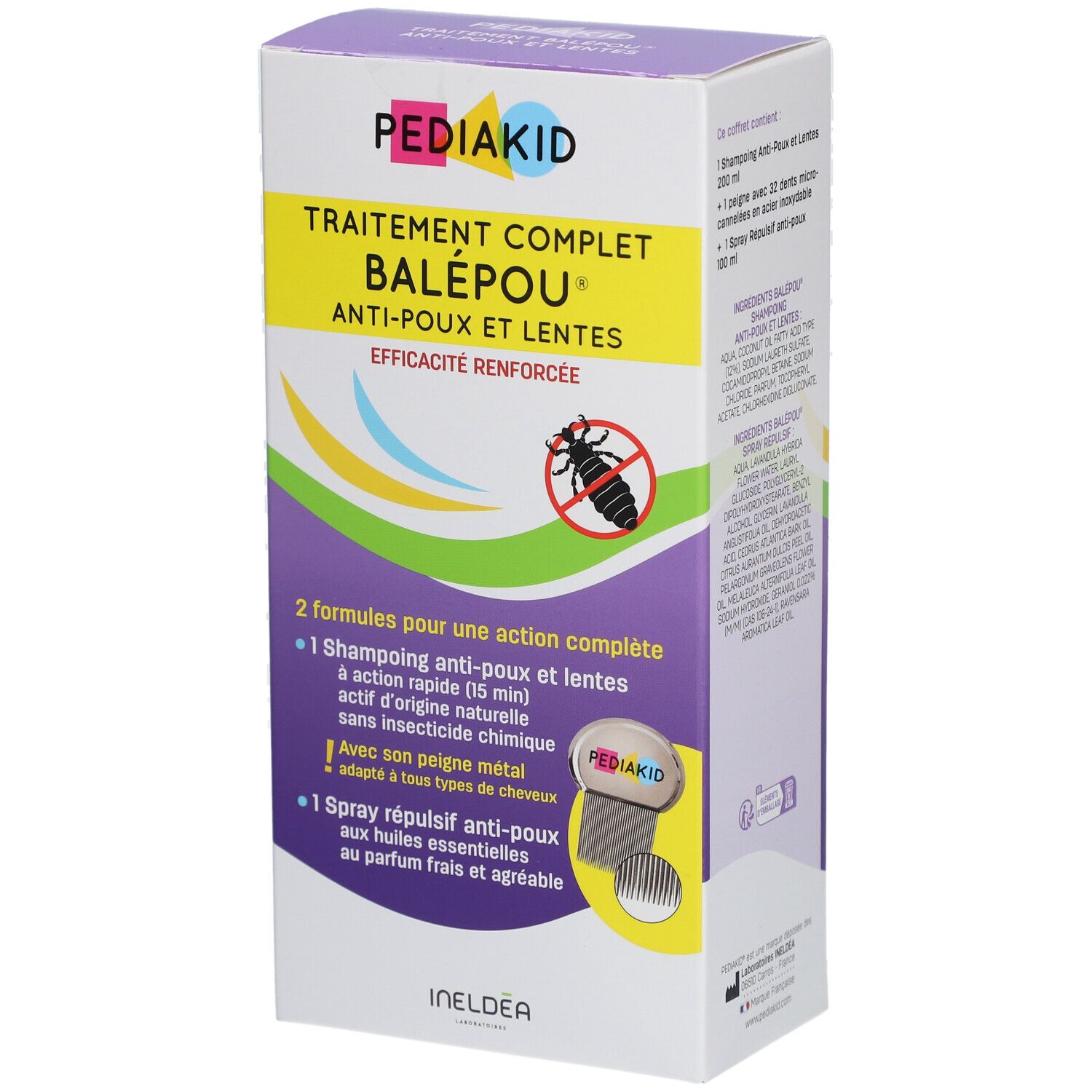 Emballage Pediakid Balépou. Contient shampooing et spray. Nom et logo du produit sur l'emballage.