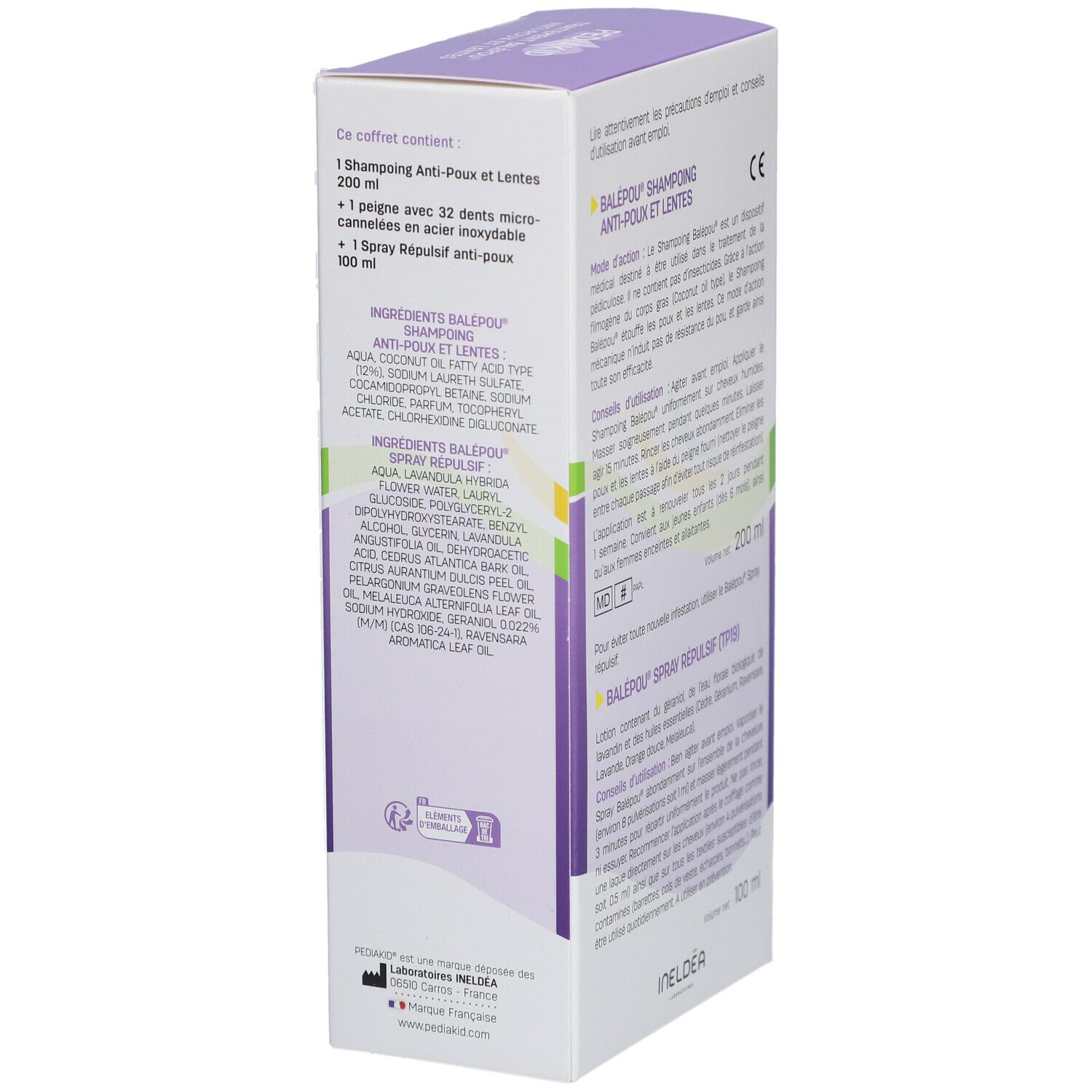 Emballage Pediakid Balépou. Vue latérale. Informations sur le produit, ingrédients et avertissements.