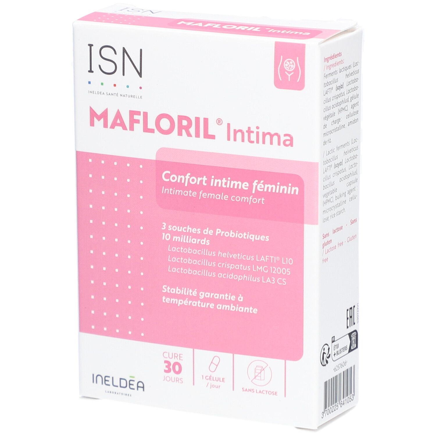Boîte de MAFLORIL Intima. Rose et blanc. Texte: Confort intime féminin, 3 souches de probiotiques. 30 gélules.
