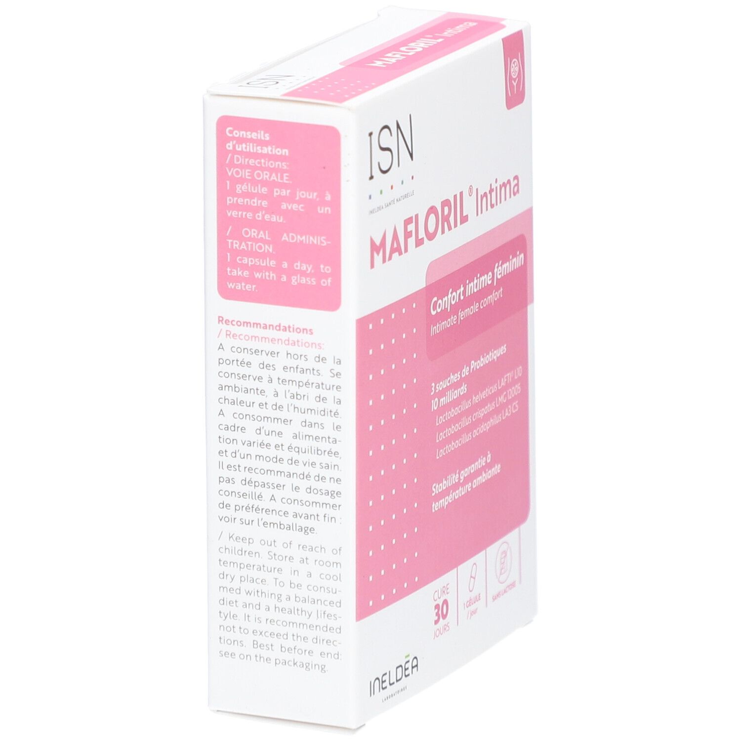 Boîte de MAFLORIL Intima. Rose et blanc. Texte: Confort intime féminin, 3 souches de probiotiques. 30 gélules.