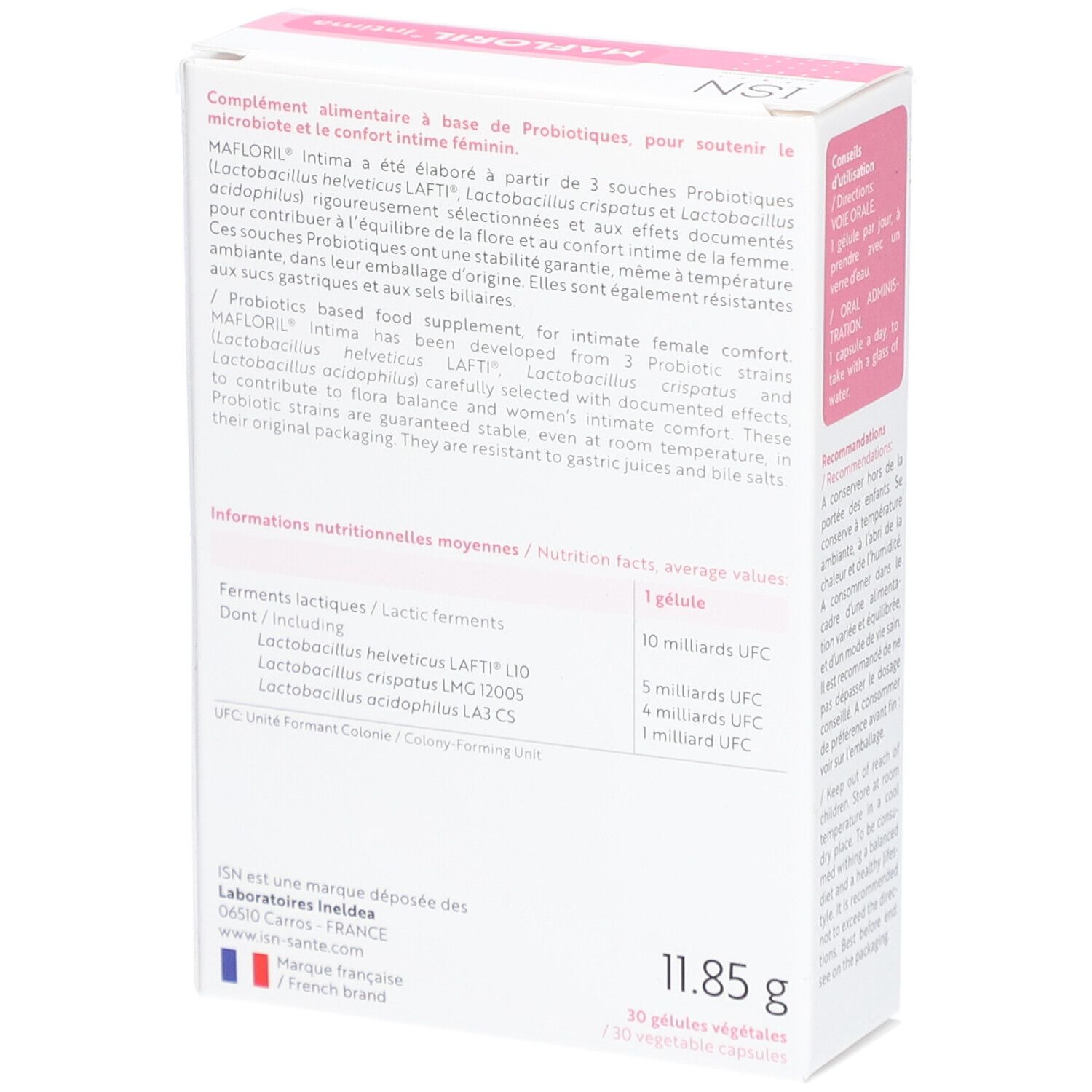 Boîte de MAFLORIL Intima. Rose et blanc. Texte: Confort intime féminin, 3 souches de probiotiques. 30 gélules.