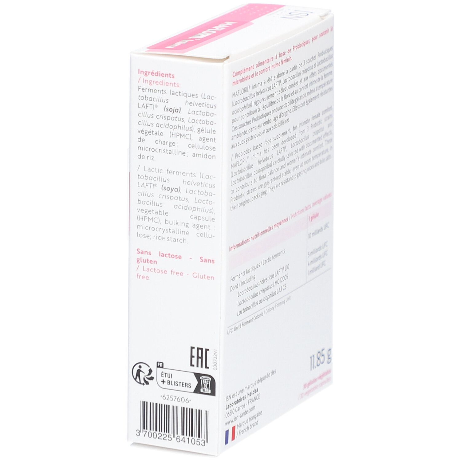 Boîte de MAFLORIL Intima. Rose et blanc. Texte: Confort intime féminin, 3 souches de probiotiques. 30 gélules.