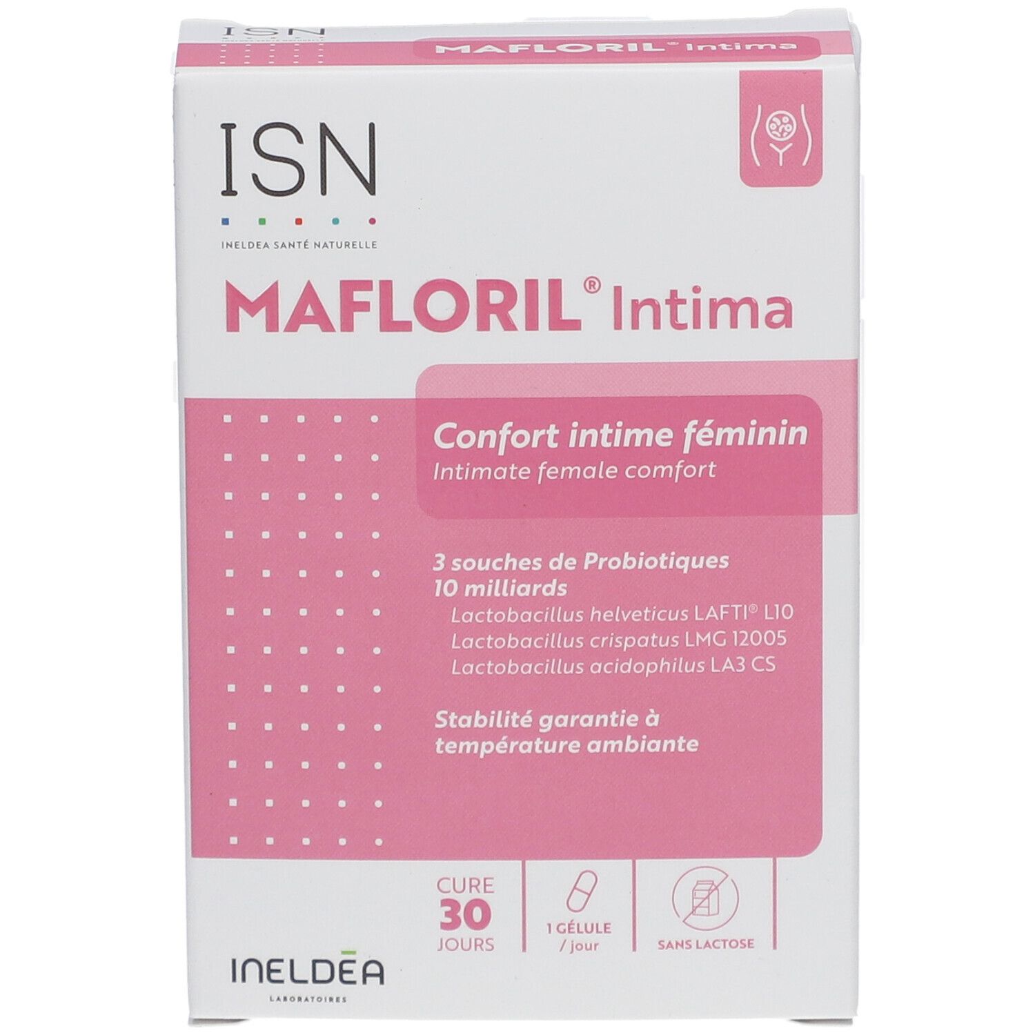 Boîte de MAFLORIL Intima. Rose et blanc. Texte: Confort intime féminin, 3 souches de probiotiques. 30 gélules.