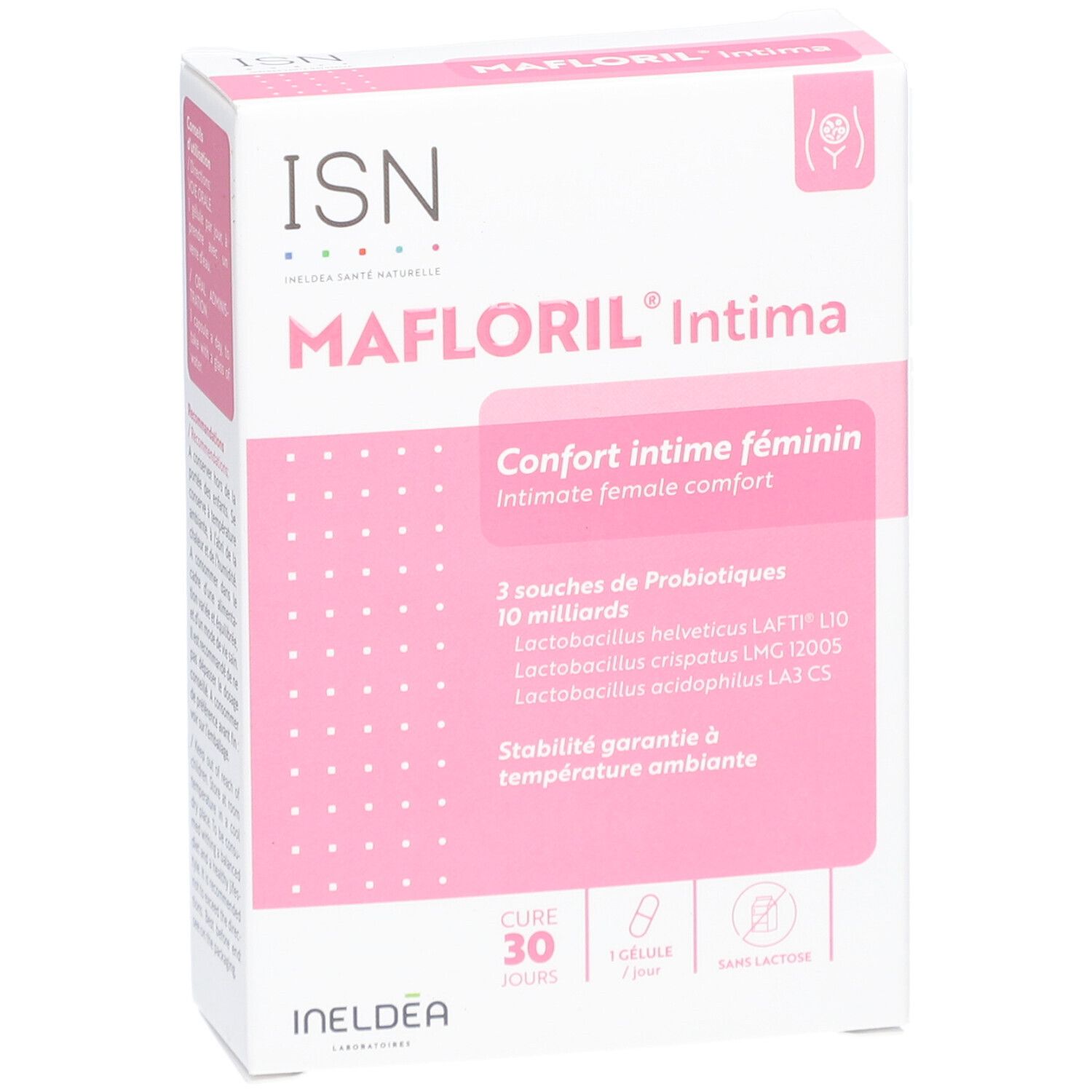 Boîte de MAFLORIL Intima. Rose et blanc. Texte: Confort intime féminin, 3 souches de probiotiques. 30 gélules.