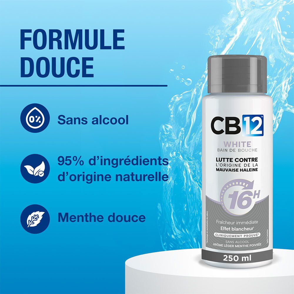 CB12 White bain de bouche : Formule douce sans alcool, 95% d'ingrédients naturels.