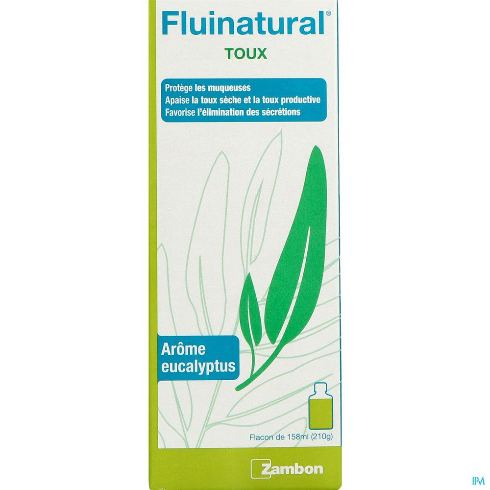 Gros plan sur l'emballage du produit. "Fluinatural TOUX" et motif eucalyptus. Couleurs vert et blanc. Flacon de 158ml.