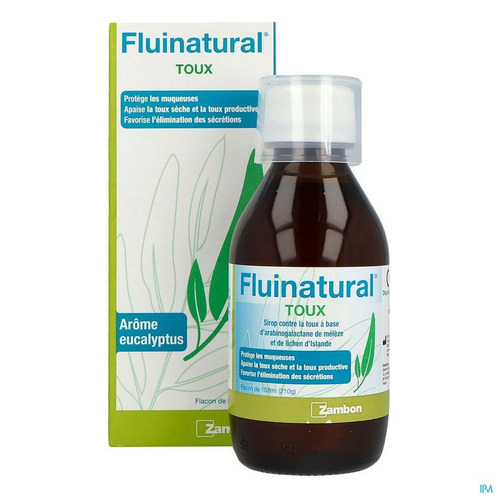 Flacon et emballage du produit. Flacon avec bouchon blanc. Inscription "Fluinatural TOUX". Emballage avec motif eucalyptus.