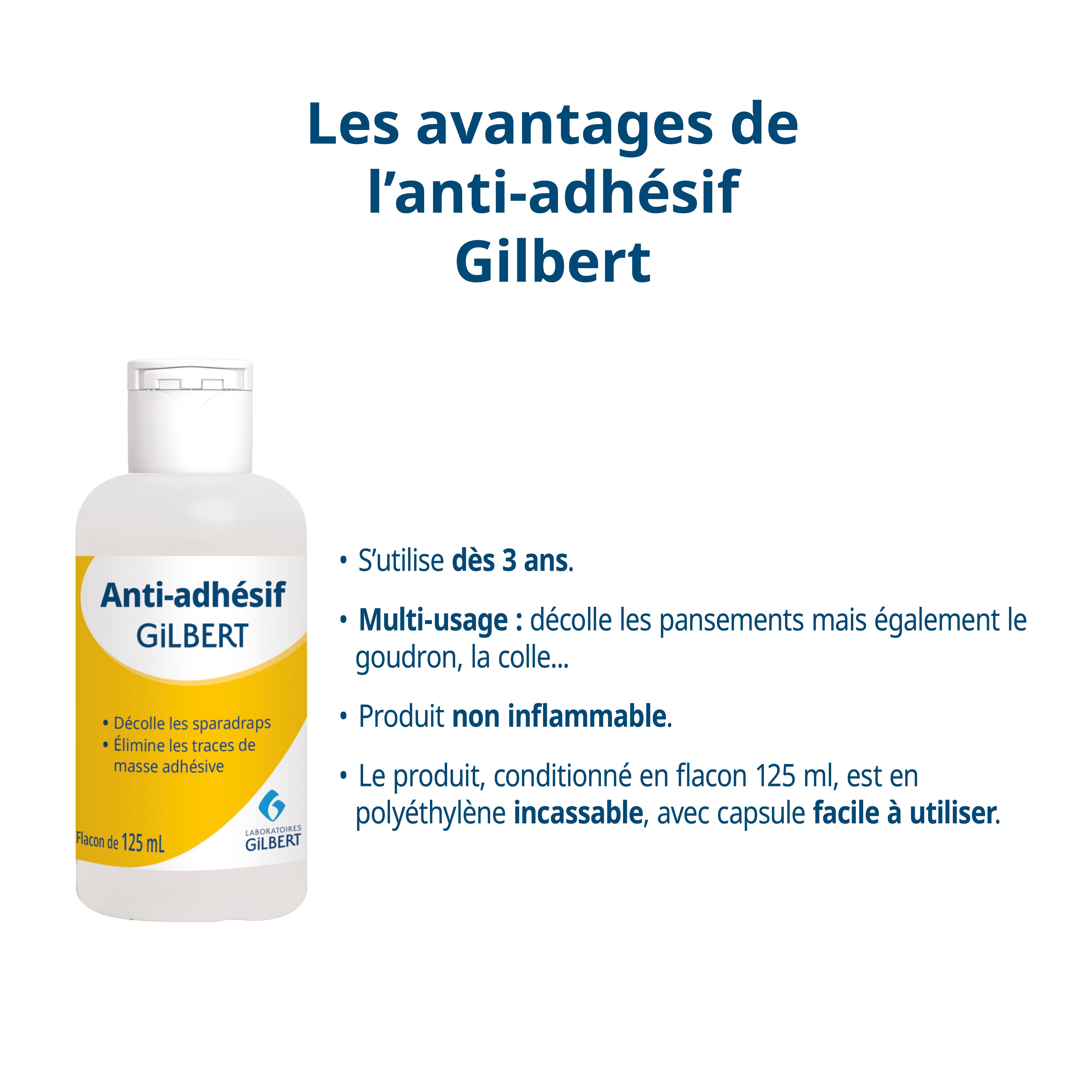 Flacon Anti-adhésif Gilbert. Texte: Utilisable dès 3 ans. Multi-usage. Non inflammable. Flacon 125 ml.