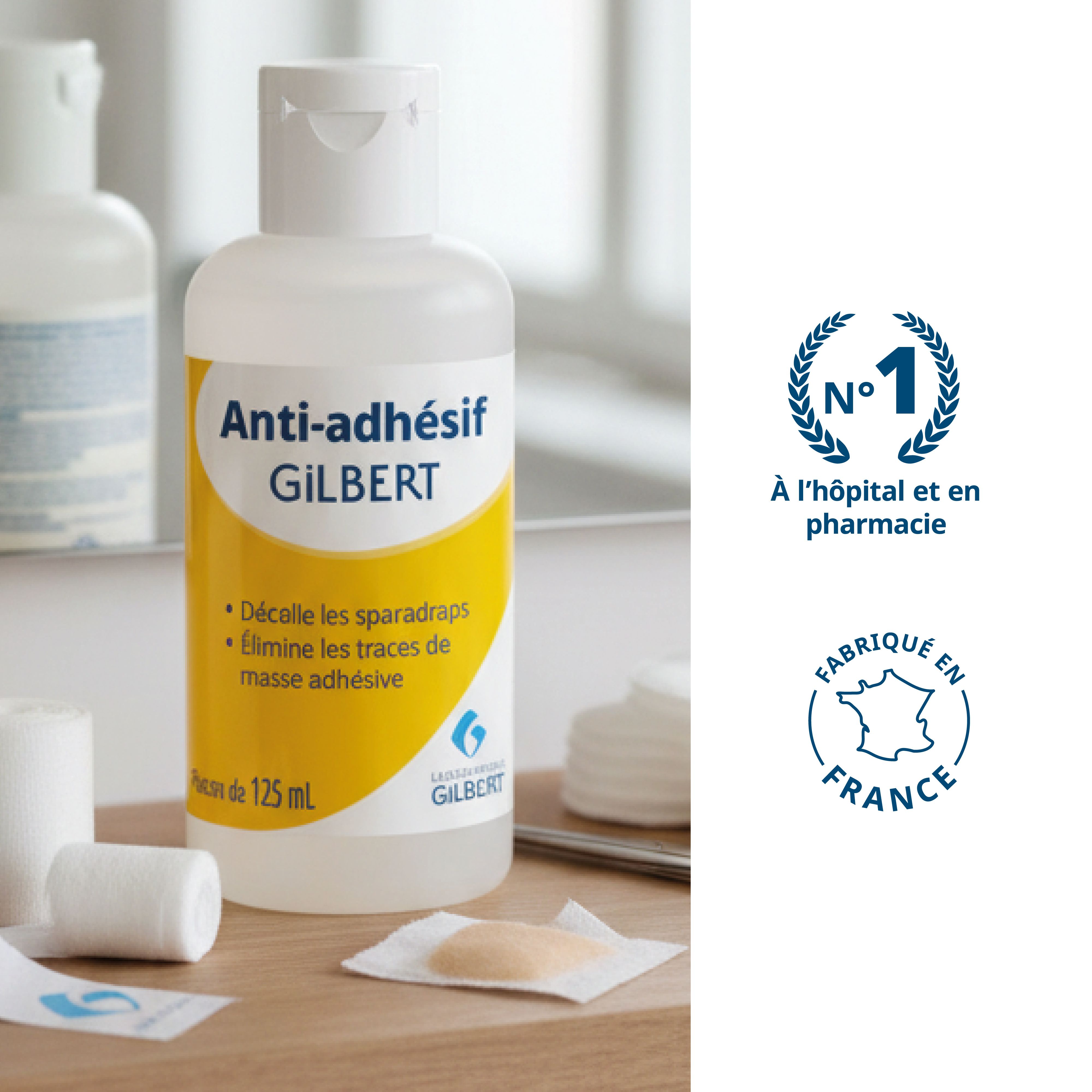 Flacon Anti-adhésif Gilbert. Label: N°1 à l'hôpital et en pharmacie. Fabriqué en France.