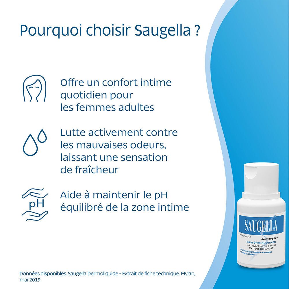 Saugella - Dermoliquide - Soin lavant pour l’hygiène intime quotidienne des femmes adultes - à base d’extrait de Sauge - Assure le bien-être intime quotidien - Flacon 100 ml