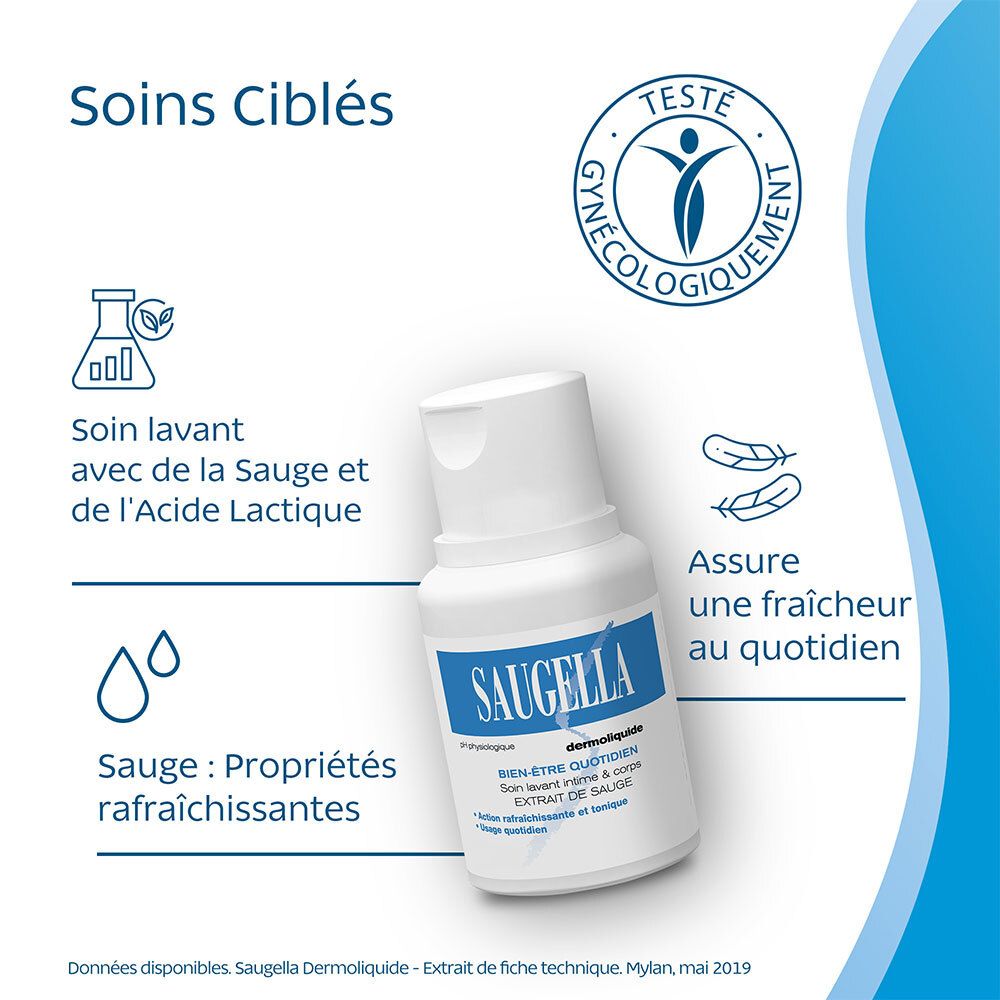 Saugella - Dermoliquide - Soin lavant pour l’hygiène intime quotidienne des femmes adultes - à base d’extrait de Sauge - Assure le bien-être intime quotidien - Flacon 100 ml