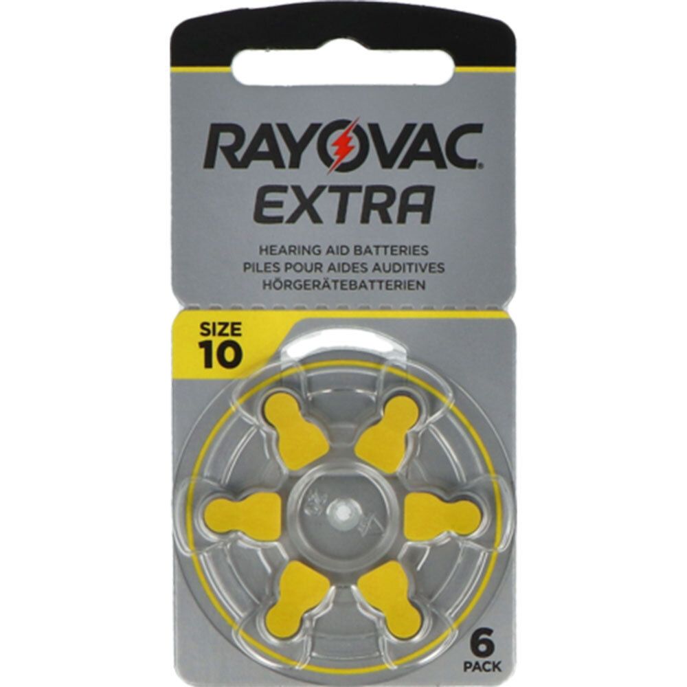 Emballage de piles auditives RAYOVAC EXTRA, taille 10. Six piles jaunes dans un emballage transparent.