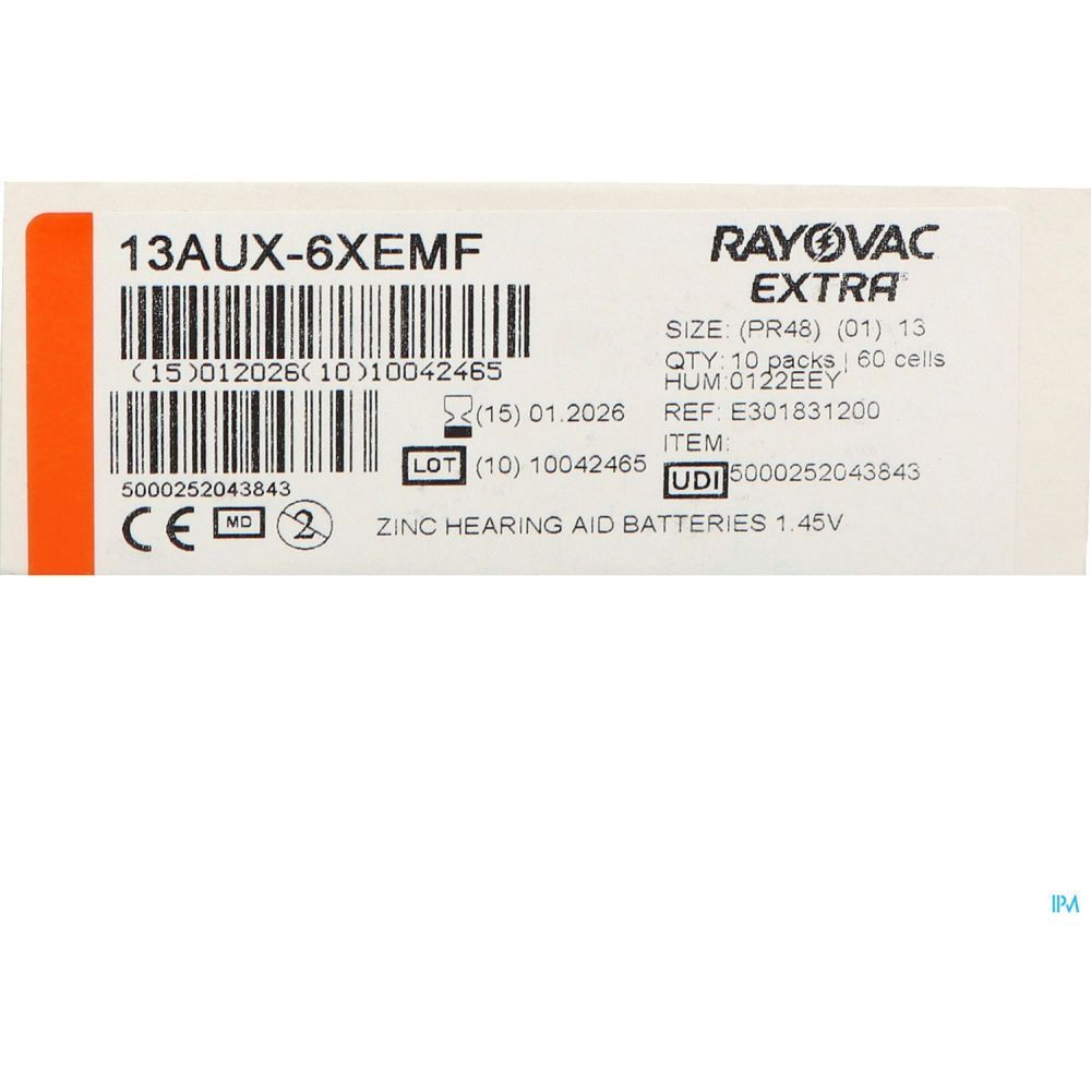 Paquet de piles avec texte. Inscription: RAYOVAC EXTRA, 13AUX-6XEMF, piles auditives au zinc 1.45V. Marquage CE.