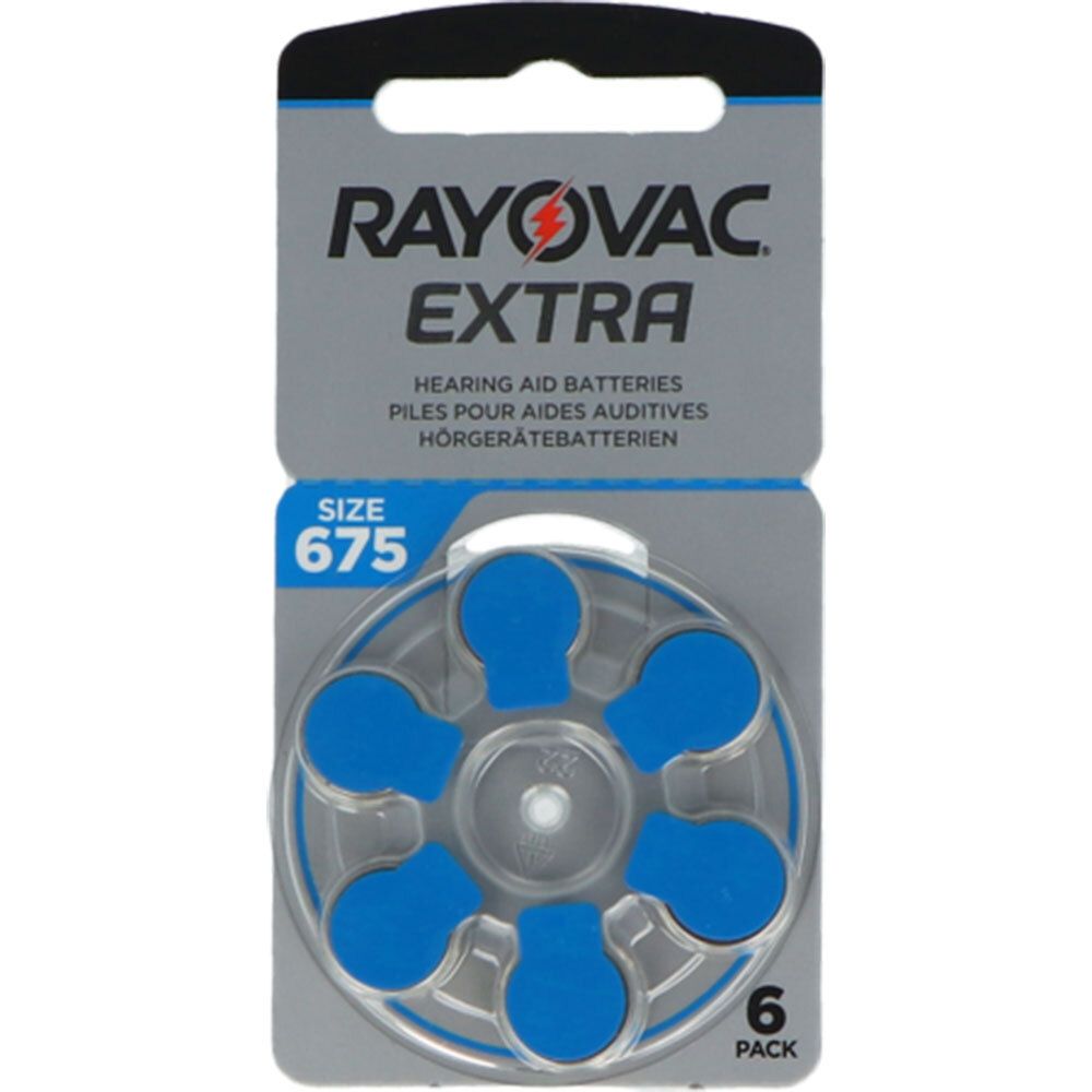 Piles auditives RAYOVAC EXTRA, taille 675, 6 unités. Batteries bleues dans un emballage rond.