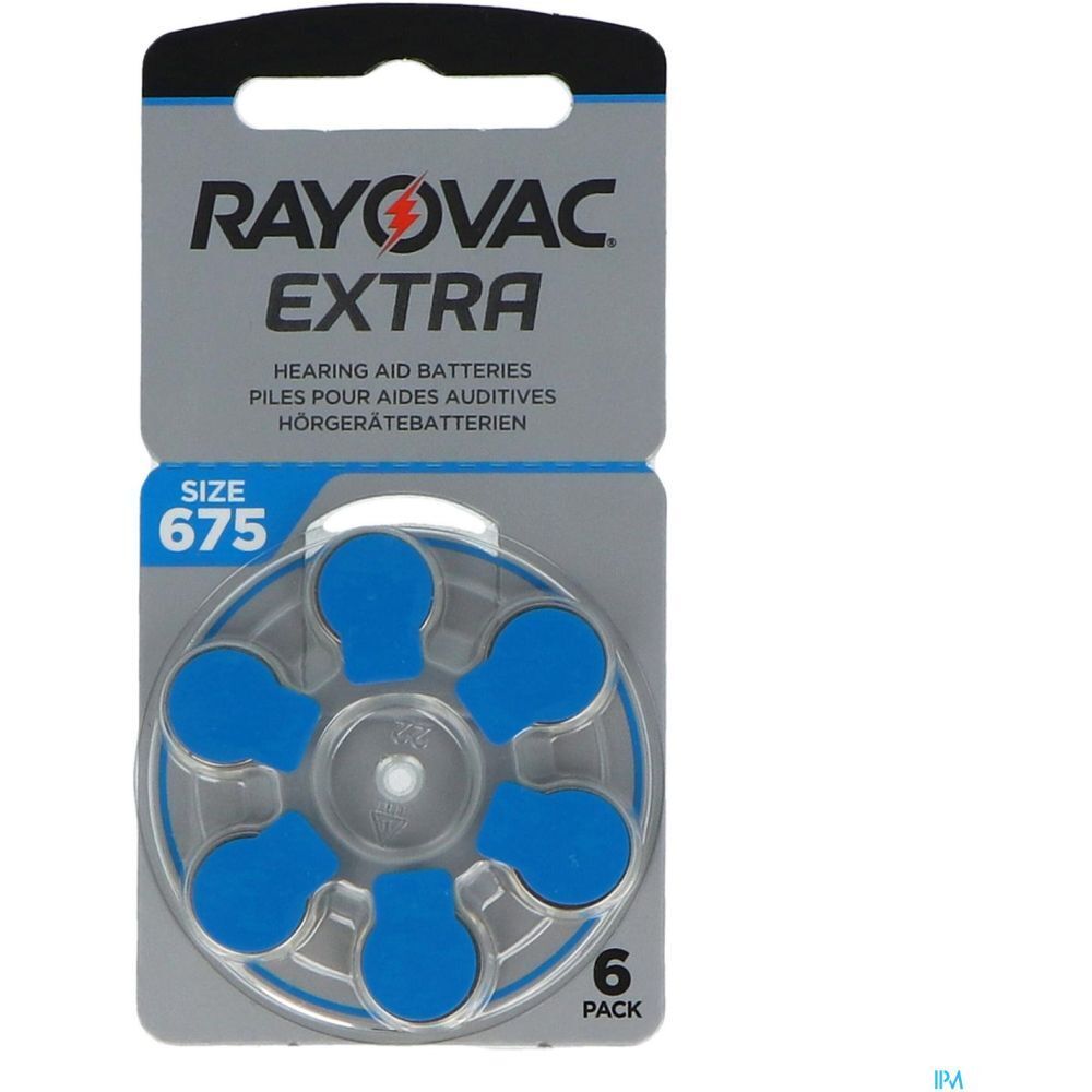 Piles auditives RAYOVAC EXTRA, taille 675, 6 unités. Batteries bleues dans un emballage rond.