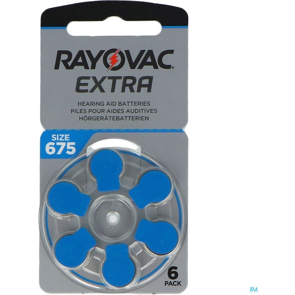Piles auditives RAYOVAC EXTRA, taille 675, 6 unités. Batteries bleues dans un emballage rond.