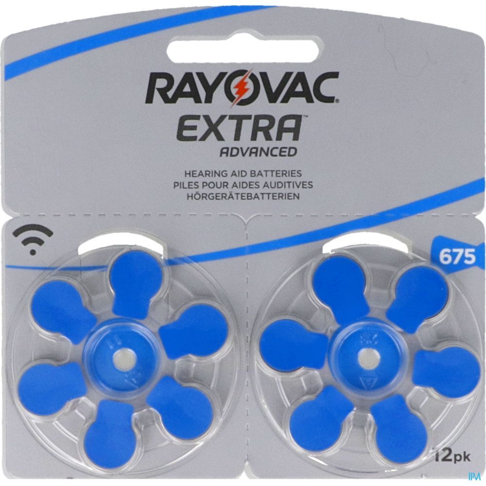 Piles auditives RAYOVAC EXTRA ADVANCED, taille 675, 12 unités. Batteries bleues en emballage rond.