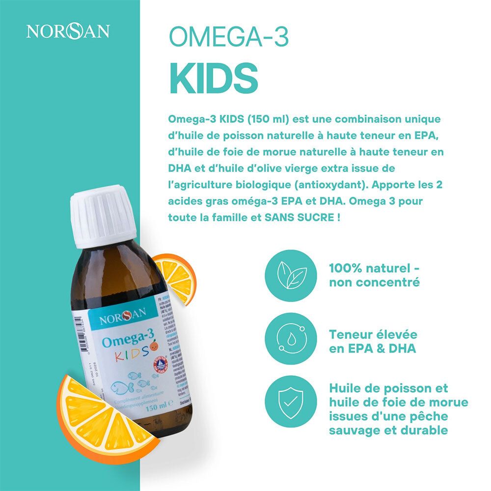 NORSAN Omega-3 KIDS. Bouteille et tranches d'orange. 100% naturel. Teneur élevée en EPA & DHA. Huile de poisson et de foie de morue.