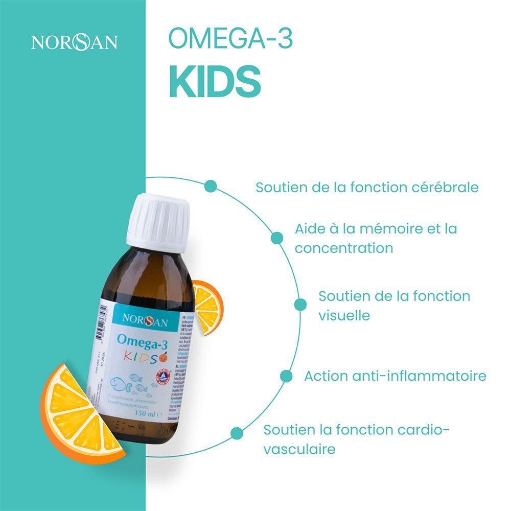 NORSAN Omega-3 KIDS. Bouteille et tranches d'orange. Soutien de la fonction cérébrale, mémoire, concentration.