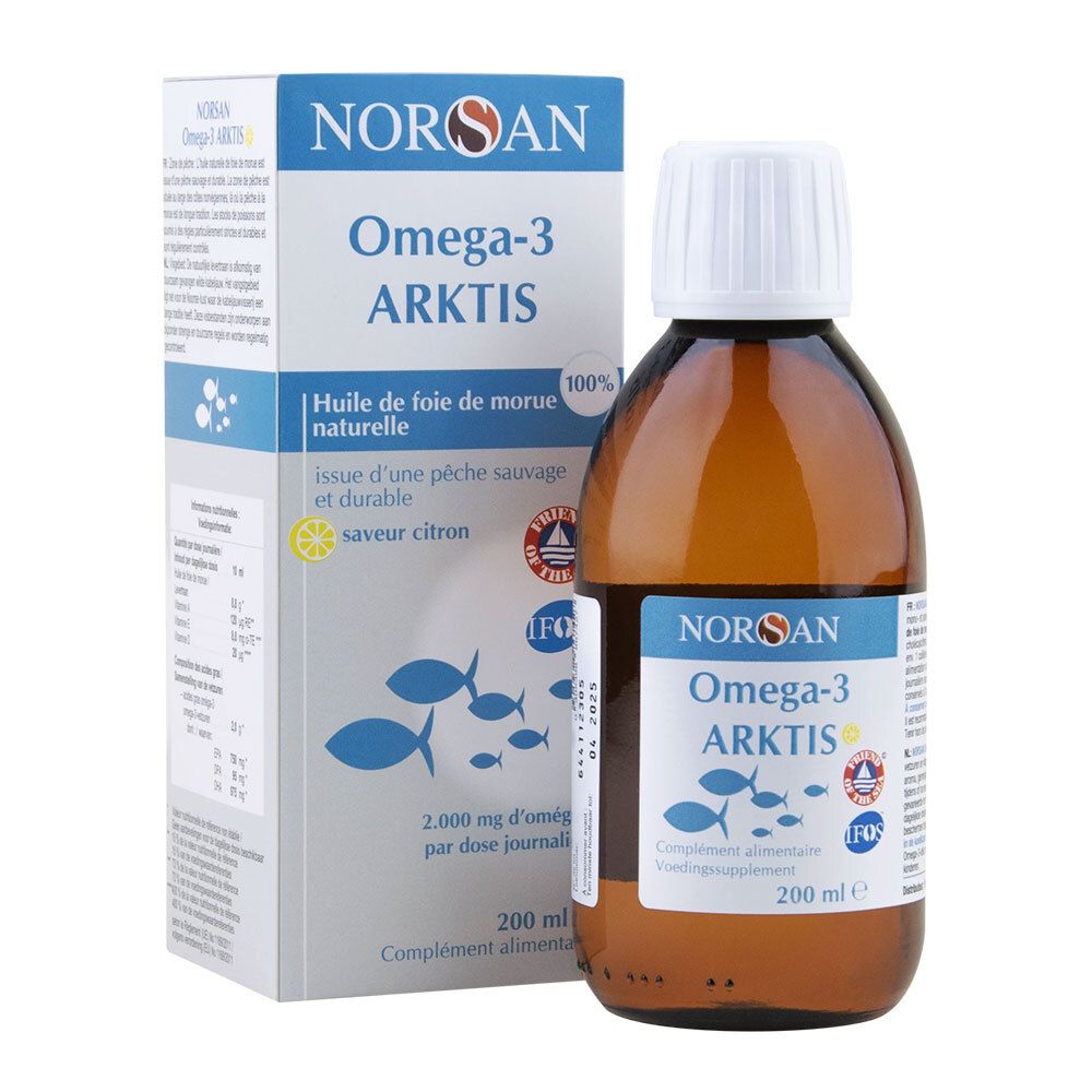 Bouteille et emballage NORSAN Omega-3 ARKTIS, huile de poisson. 200 ml. Logo poisson.