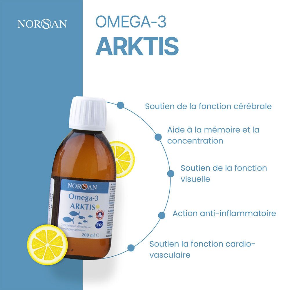 NORSAN Omega-3 ARKTIS, bouteille marron. Avantages: fonction cérébrale, mémoire, concentration.