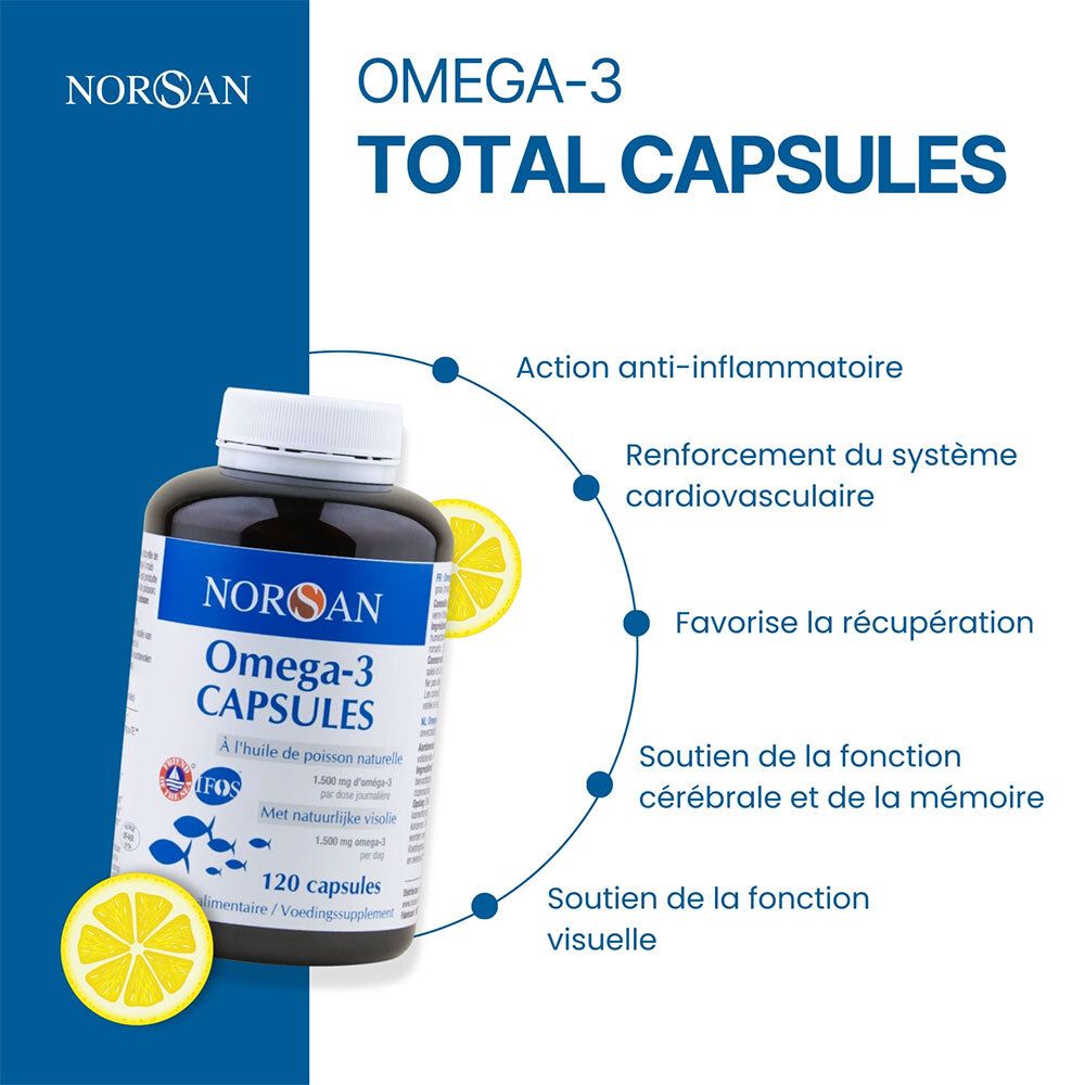 Flacon NORSAN Omega-3 CAPSULES. Décoration citron. Texte: Omega-3 Total Capsules. Avantages: Anti-inflammatoire.