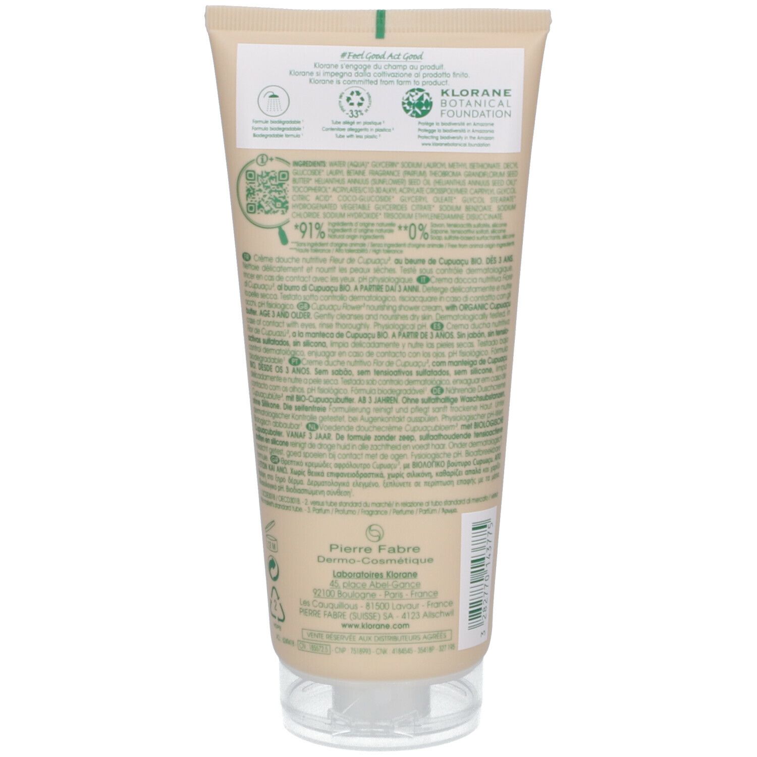 Dos d'un tube. Texte multilingue. Logos : Klorane Botanical Foundation, symbole de recyclage, 91% d'ingrédients d'origine naturelle.