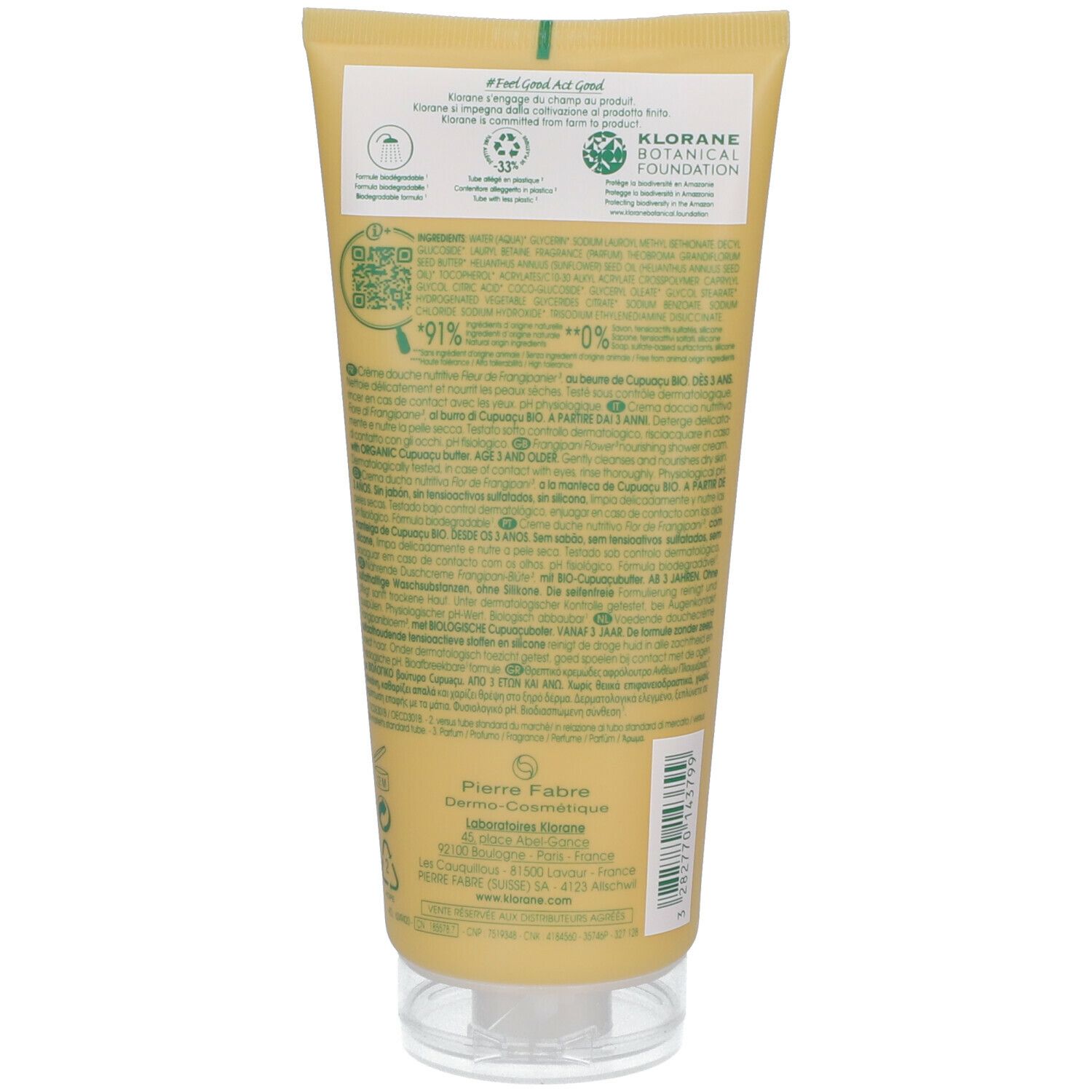 Dos du tube jaune. Texte avec ingrédients, certifications et informations du fabricant. Inscription : KLORANE Botanical Foundation.