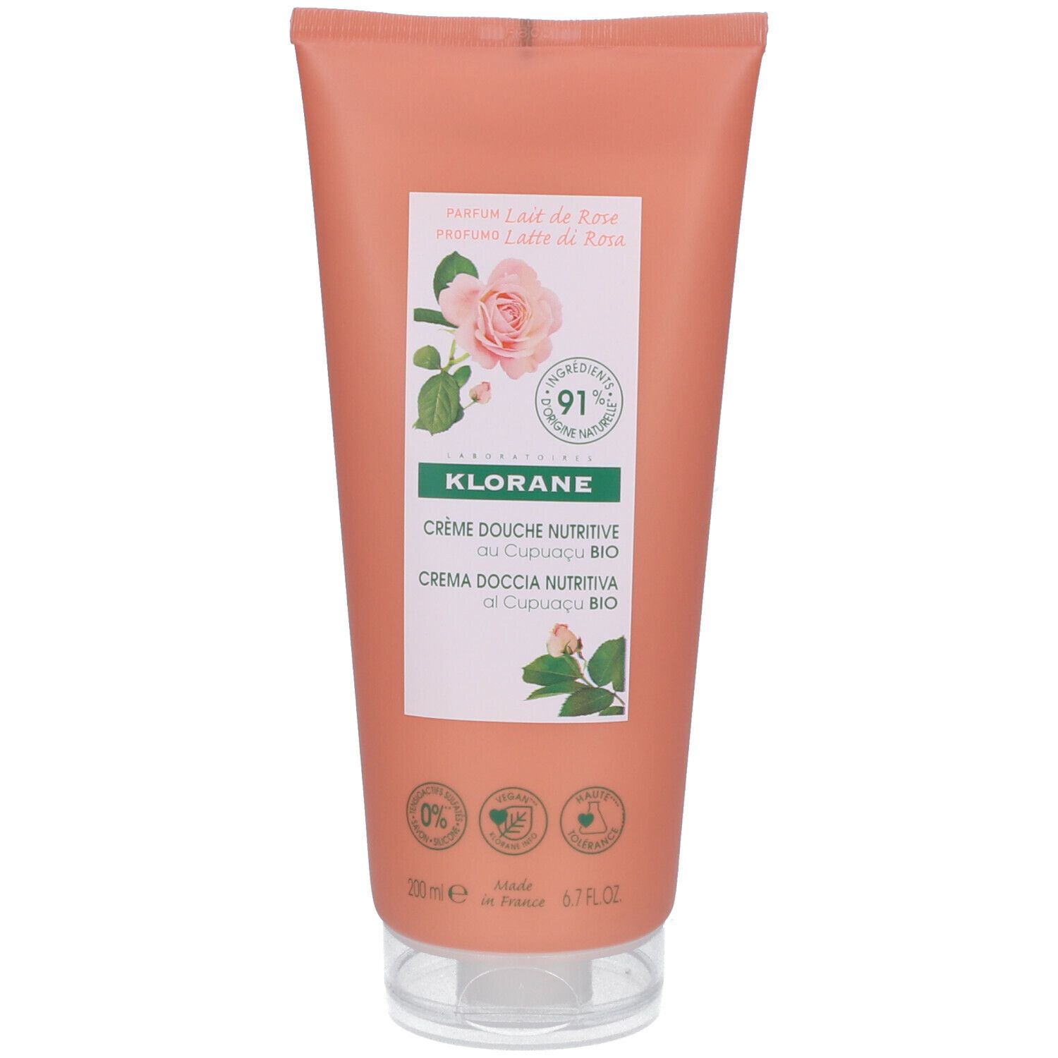 Tube orange de Klorane Duschgel Rosenmilch avec étiquette blanche. Rose, certification bio, texte.
