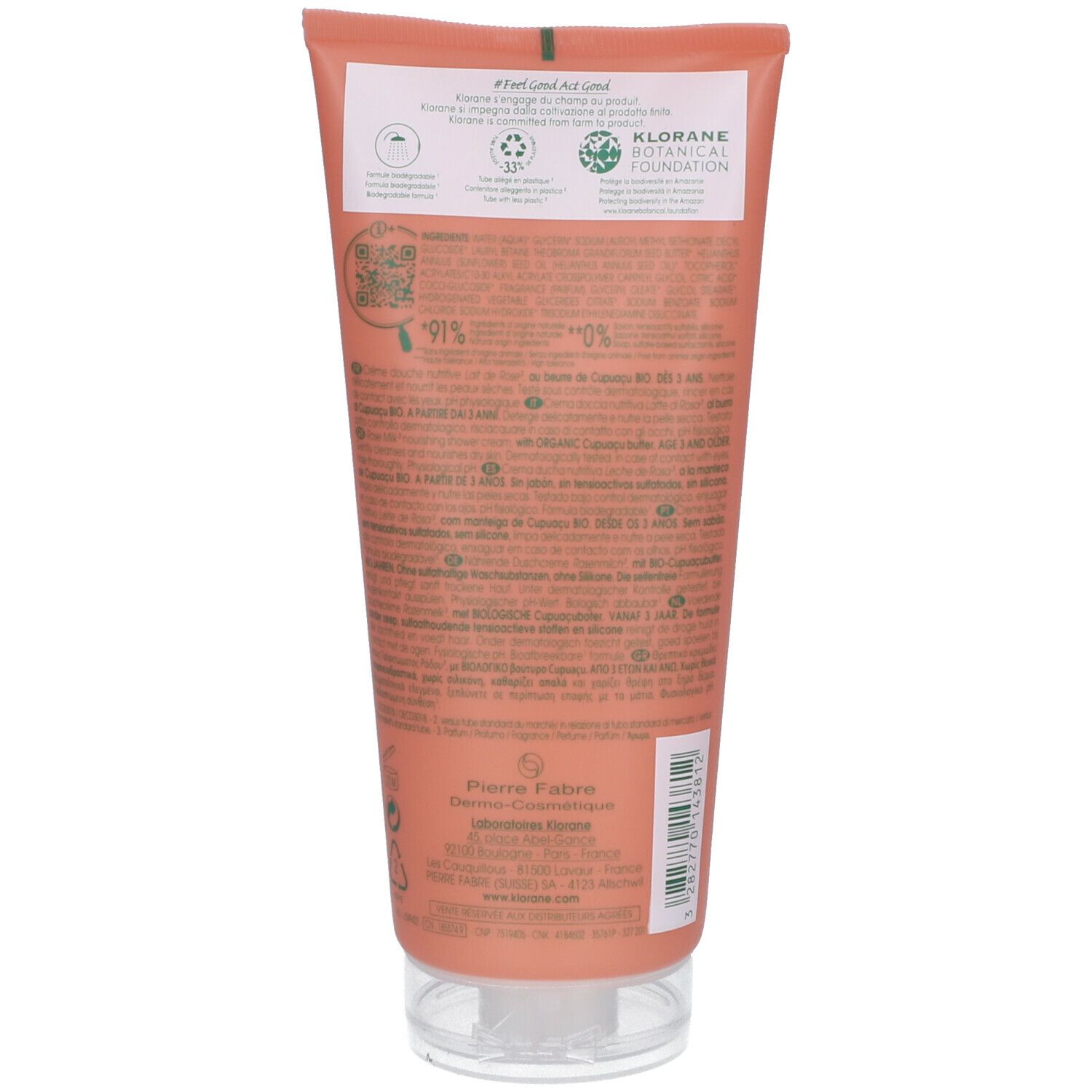 Dos du tube de Klorane Duschgel Rosenmilch. Texte, ingrédients, certifications, logo, informations fabricant.