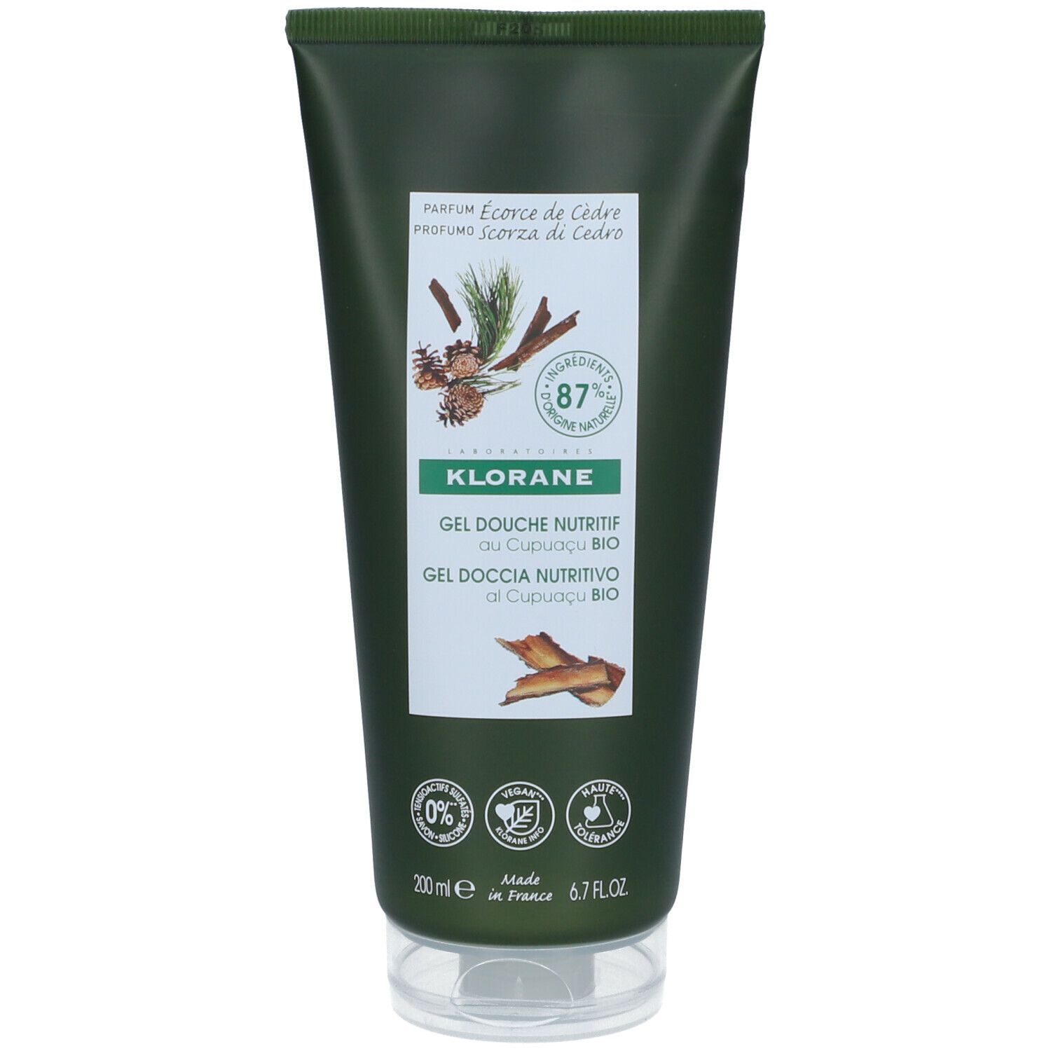 Tube vert de gel douche KLORANE Écorce de Cèdre. Texte et illustrations. 200ml. Fabriqué en France.