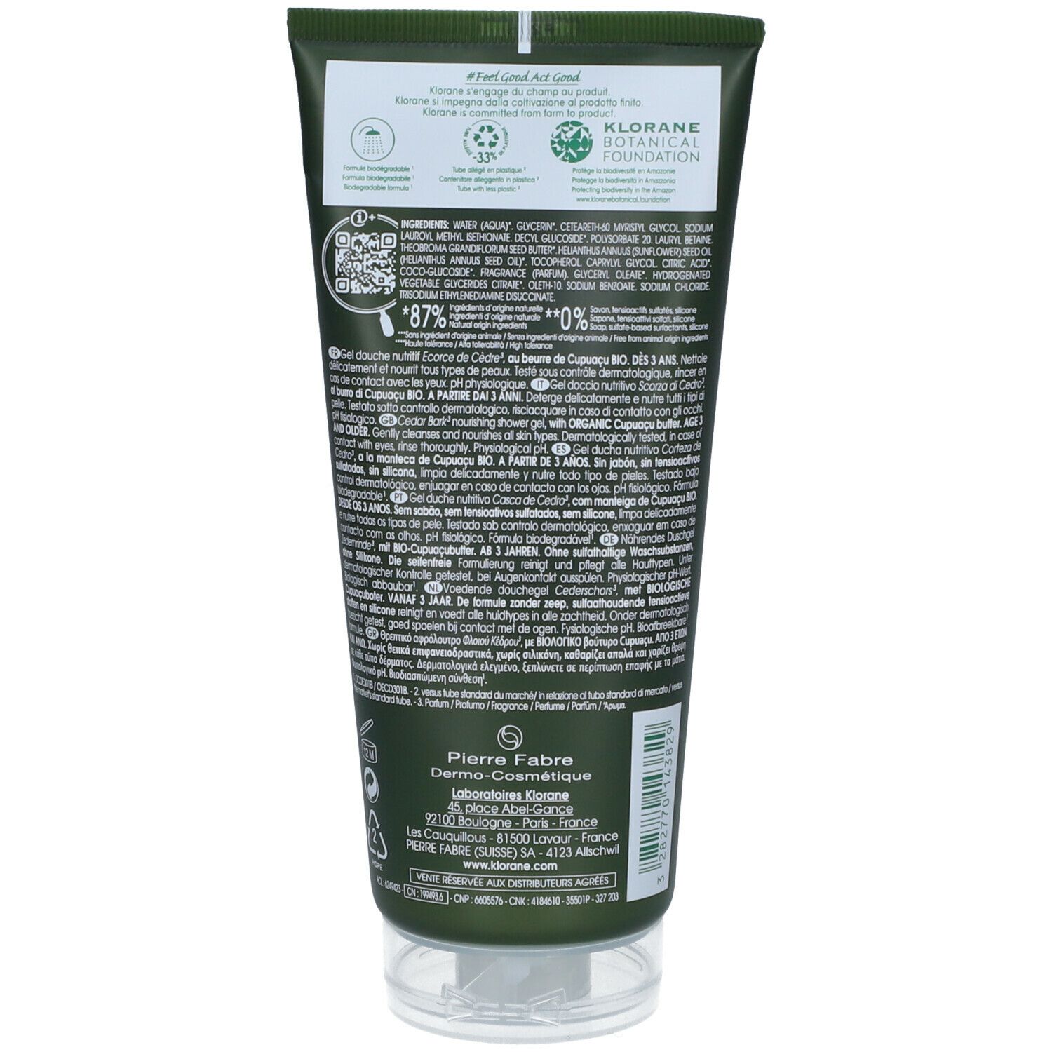 Dos du tube vert de gel douche KLORANE Écorce de Cèdre. Texte avec ingrédients et certifications. Bouchon transparent.