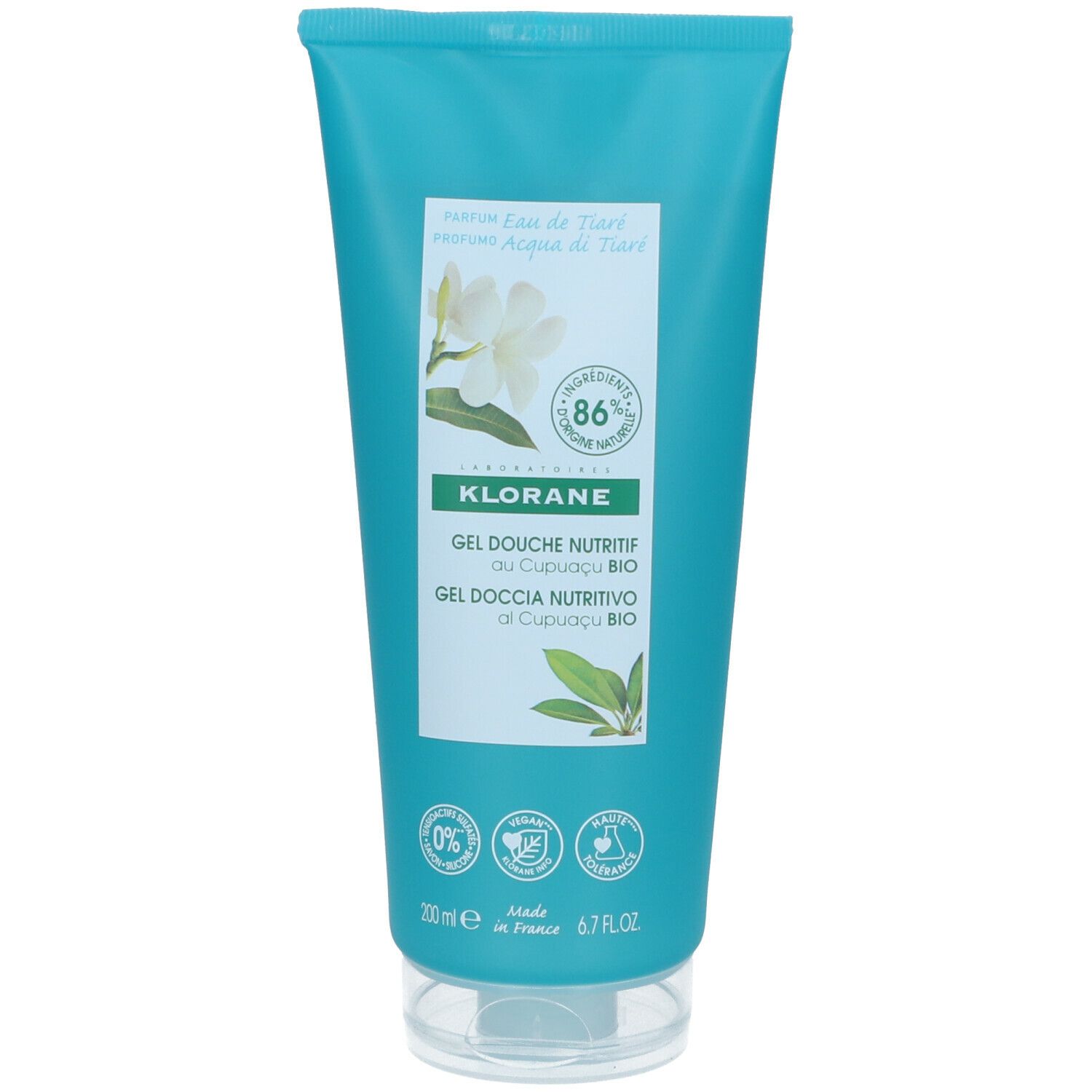 Tube turquoise avec étiquette blanche. Inscription : KLORANE, Gel Douche Nutritif, Eau de Tiaré. 86% d'ingrédients d'origine naturelle.