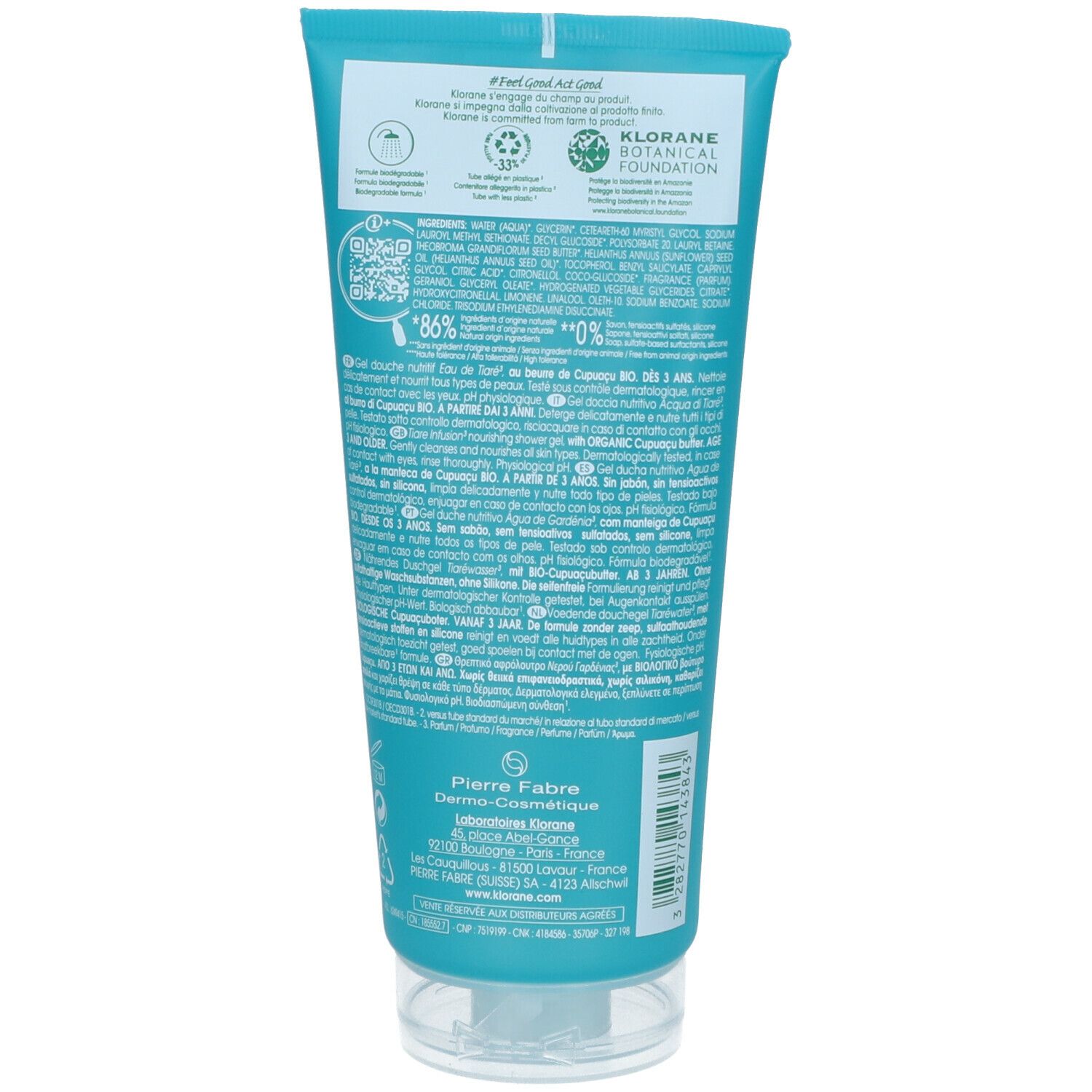 Dos d'un tube turquoise. Texte : KLORANE, Botanical Foundation. Informations sur les ingrédients, le recyclage et les certifications.