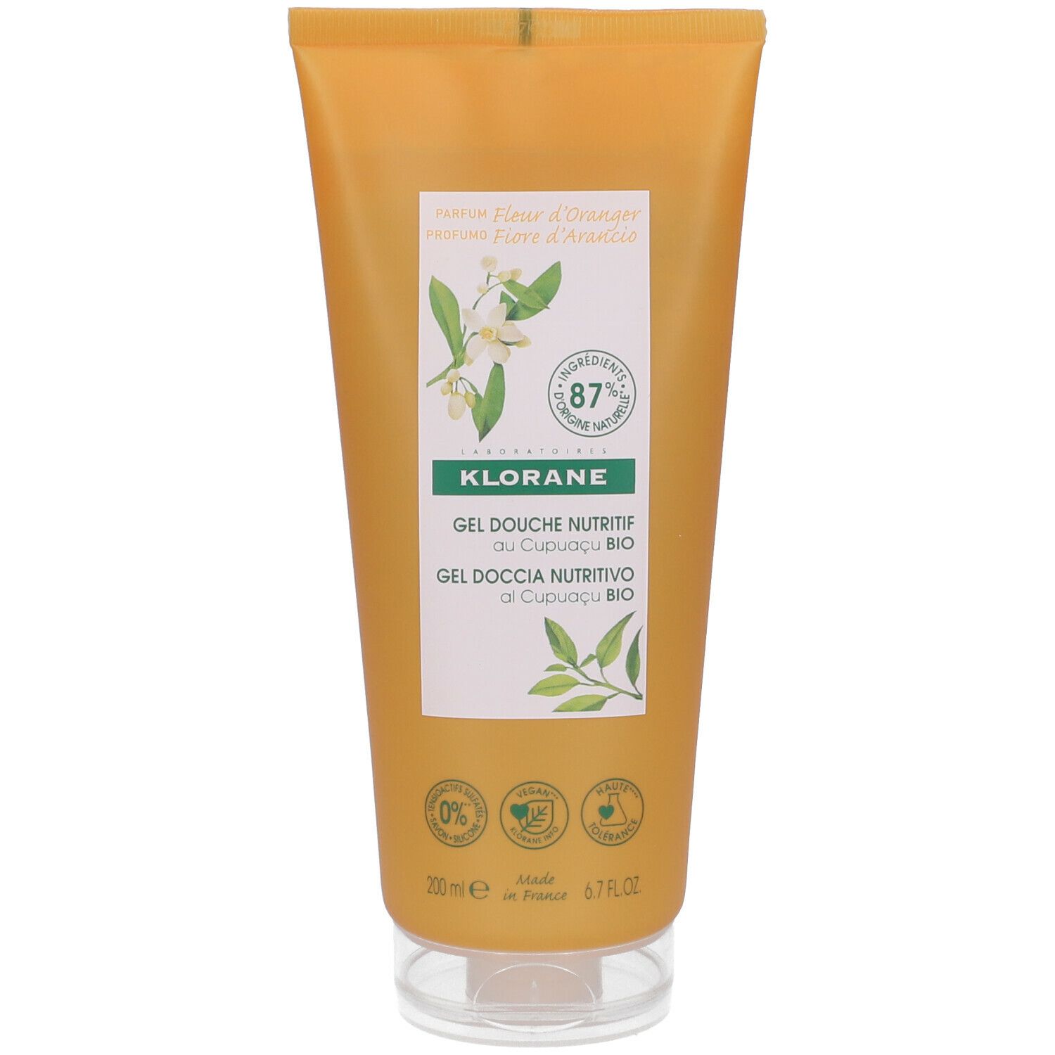 Gel douche Klorane à la fleur d'oranger, tube jaune. Inscriptions : fleurs, 87% ingrédients d'origine naturelle, certification bio.
