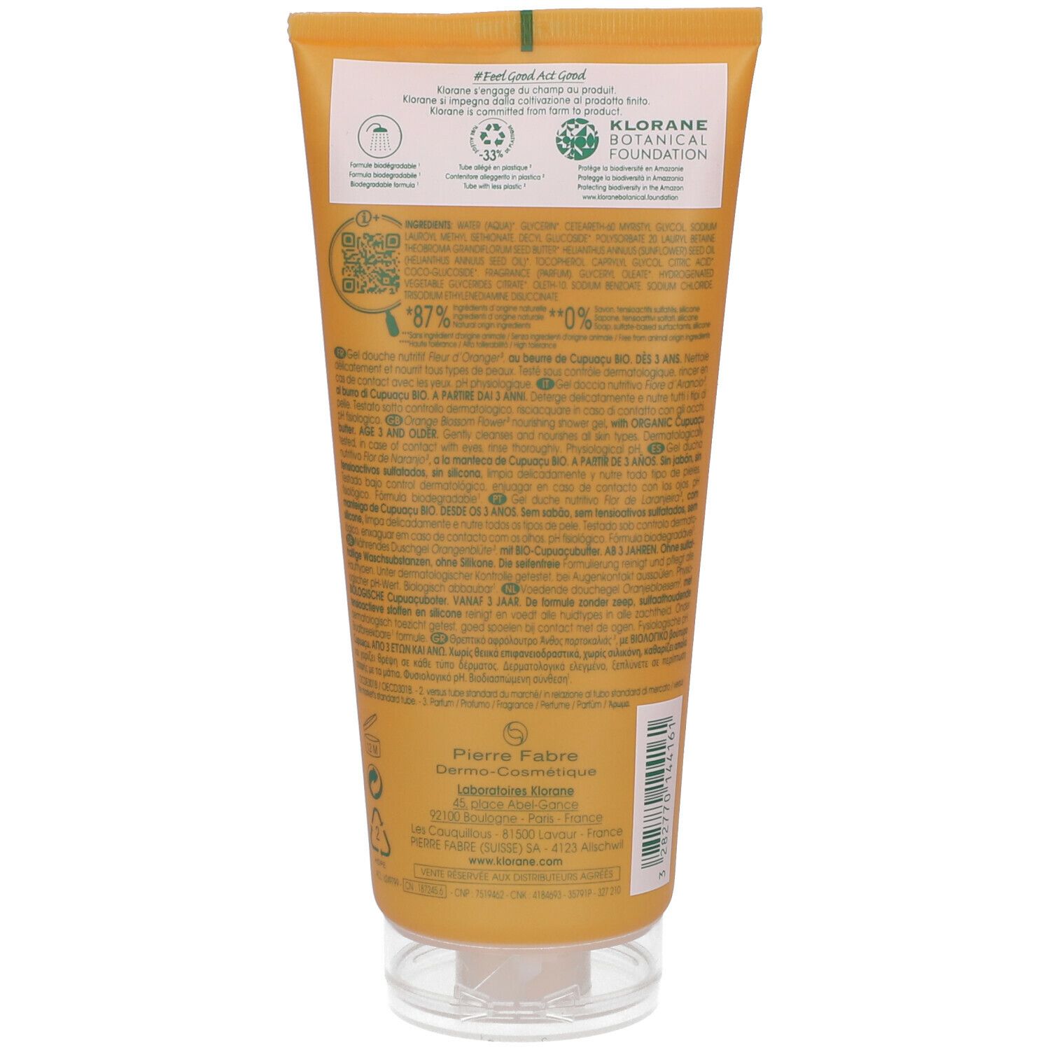 Dos du tube de gel douche Klorane à la fleur d'oranger. Texte, logos, certification bio, QR code, informations fabricant, bouchon transparent.